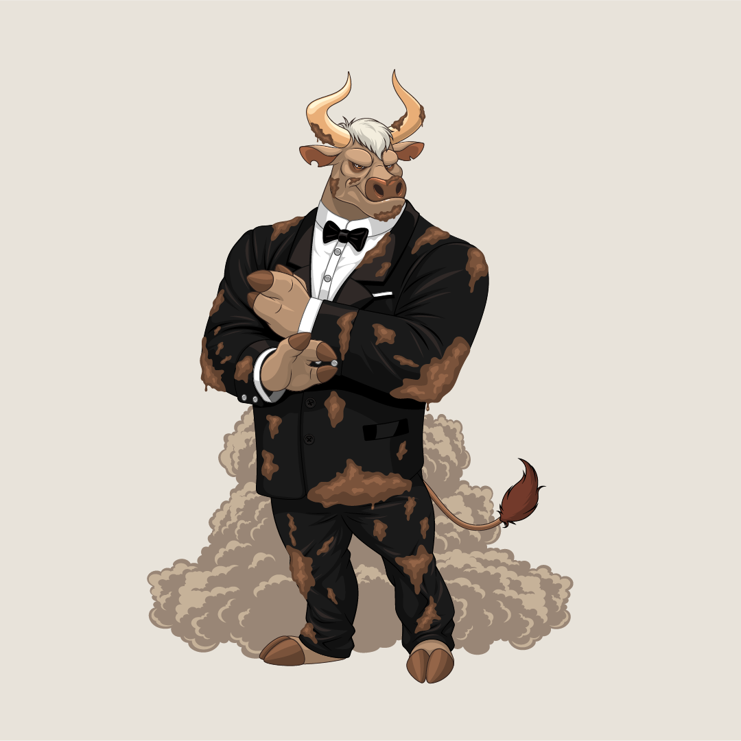 Illustrated bull mascot character designed with a bold secret agent theme.