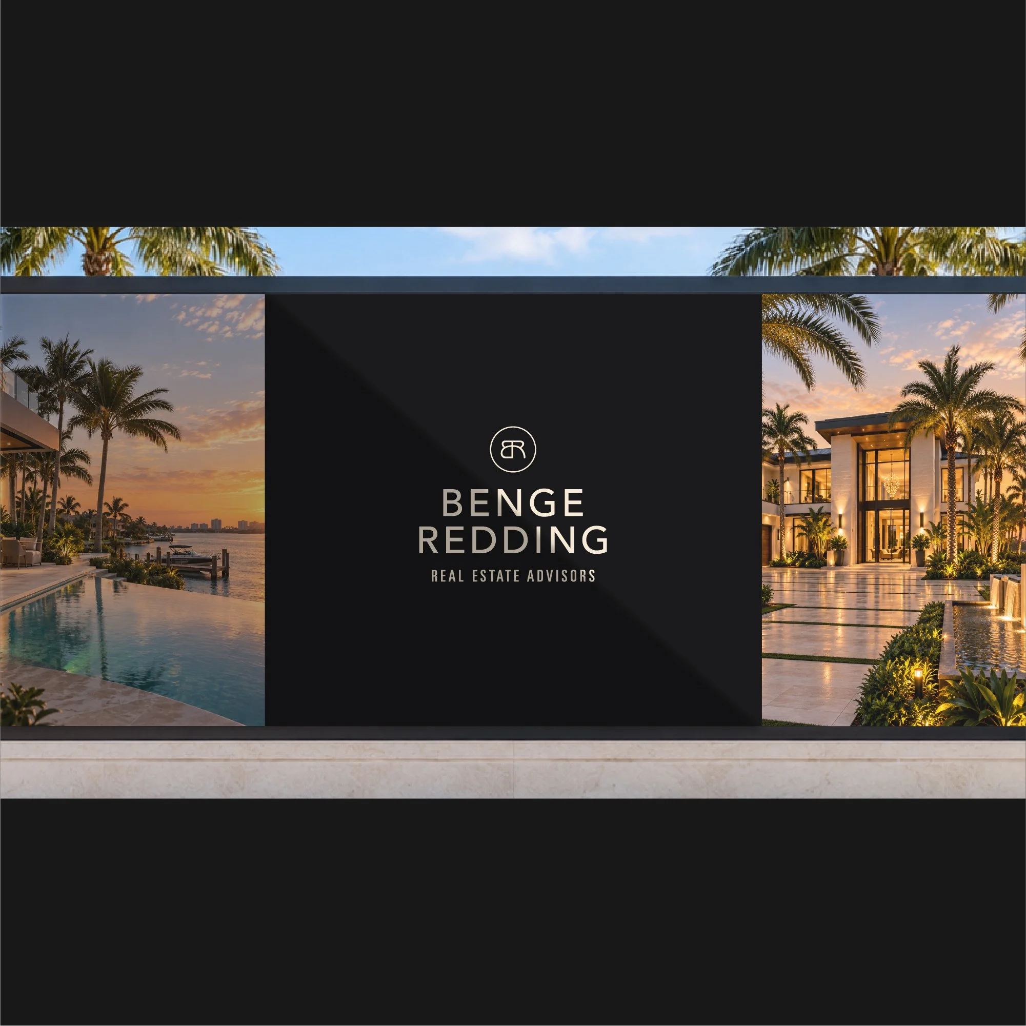 Benge Redding luxury real estate signage shown in a Florida-style residential setting with property photography and branded graphics.