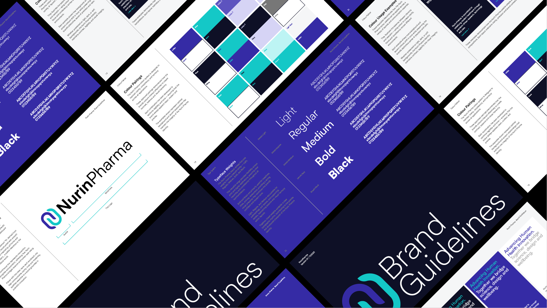 A professional brand guidelines document mockup showing logo usage, colour palette, typography, and visual identity rules for a structured brand system.
