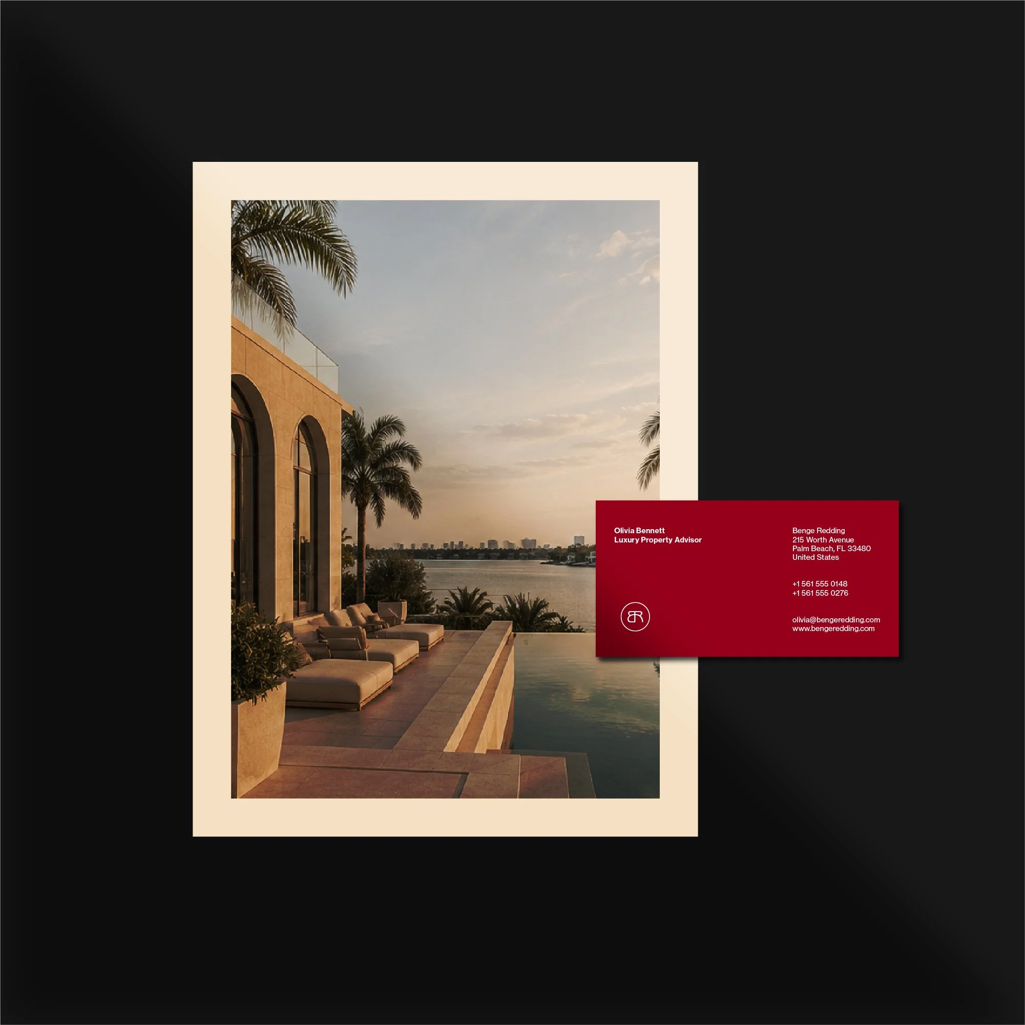 Benge Redding luxury real estate stationery system with branded cards, printed collateral and refined editorial styling.
