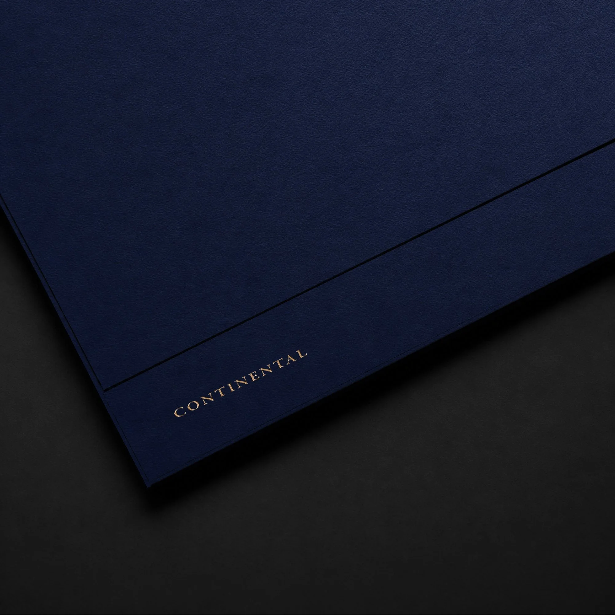 Minimalist dark blue presentation folder featuring delicate metallic typographic logo.