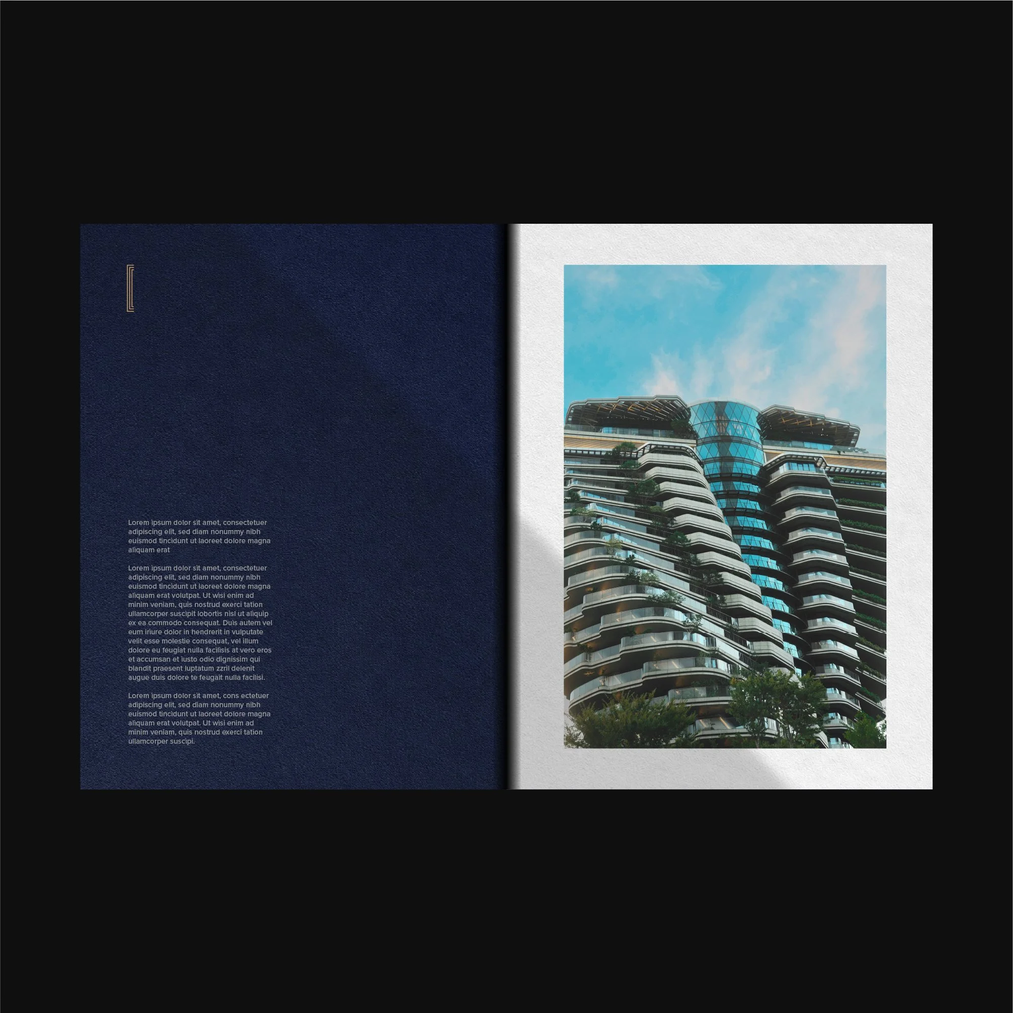 Open brand guideline spread showing typography specification and architectural imagery.