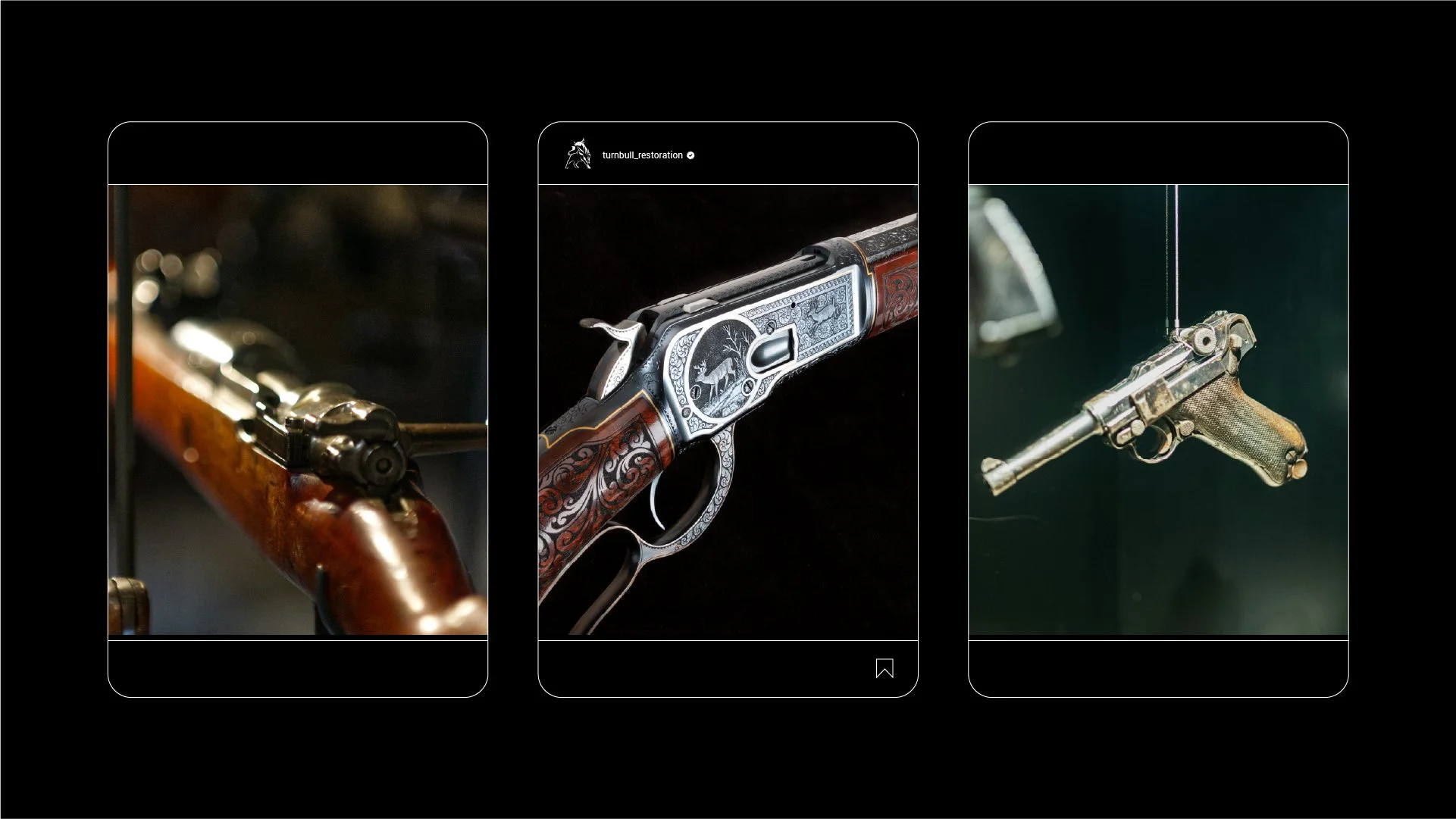 Three different vintage guns displayed in a row, showing close-up details and engravings.