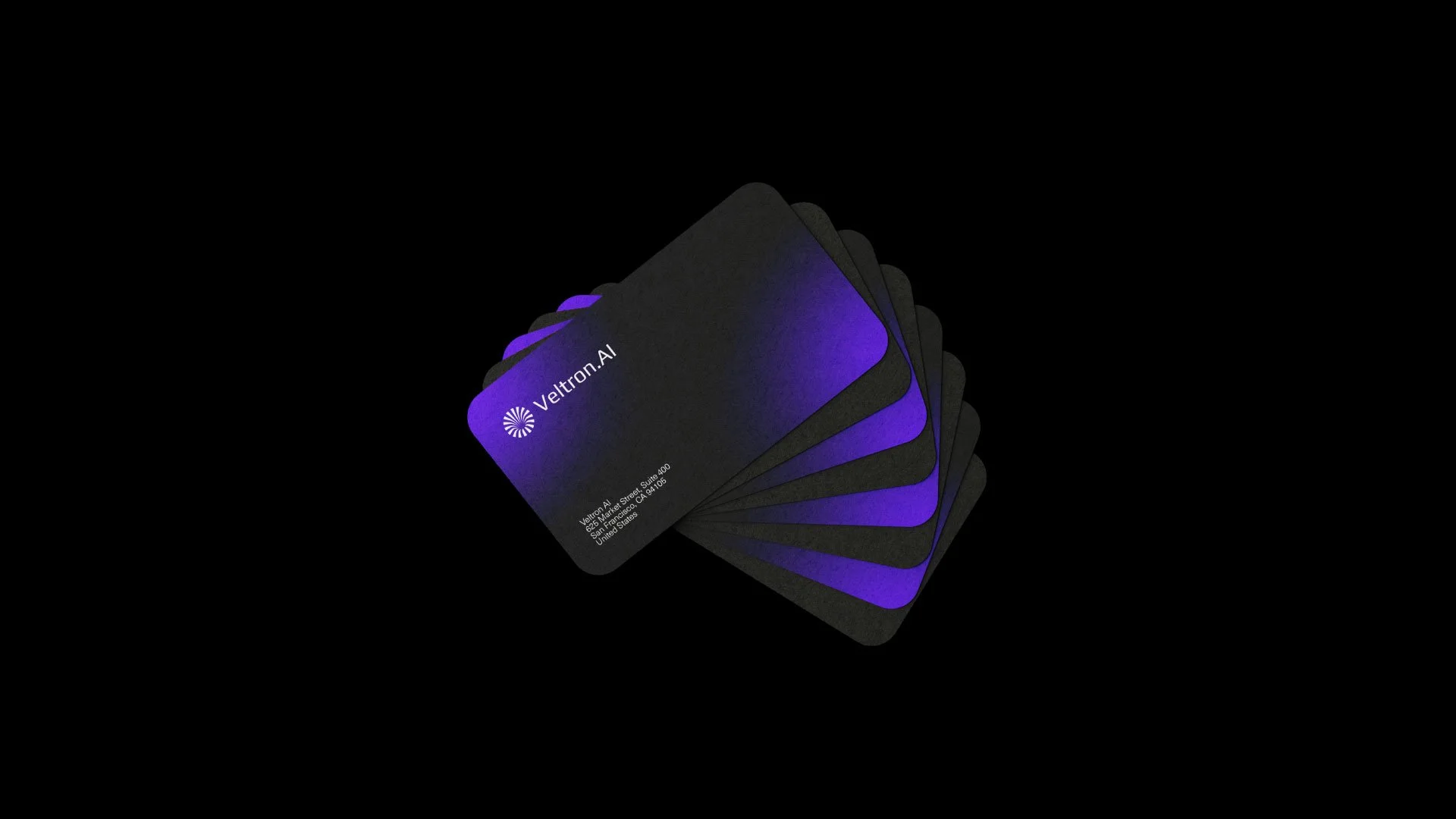 A stack of black cards with purple and blue gradients, featuring the Veltron AI logo and contact information on the top card, floating against a black background.