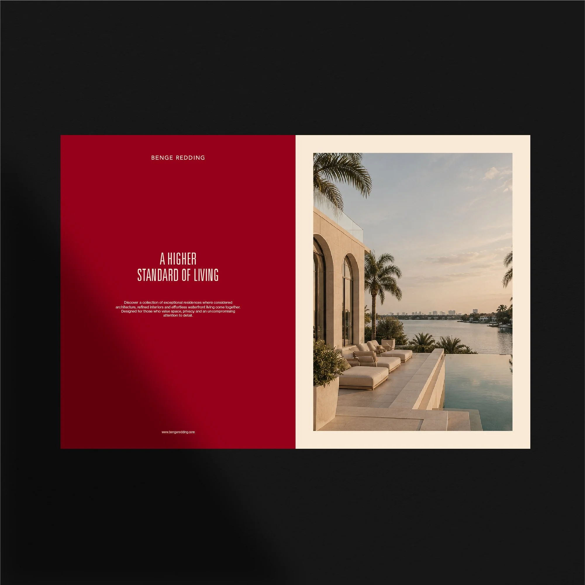 Benge Redding real estate brochure design using luxury property photography, structured typography and the brand's red and black palette.