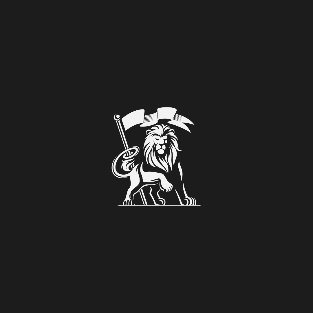 Custom lion and flag logo mark designed as a bold animal brand symbol