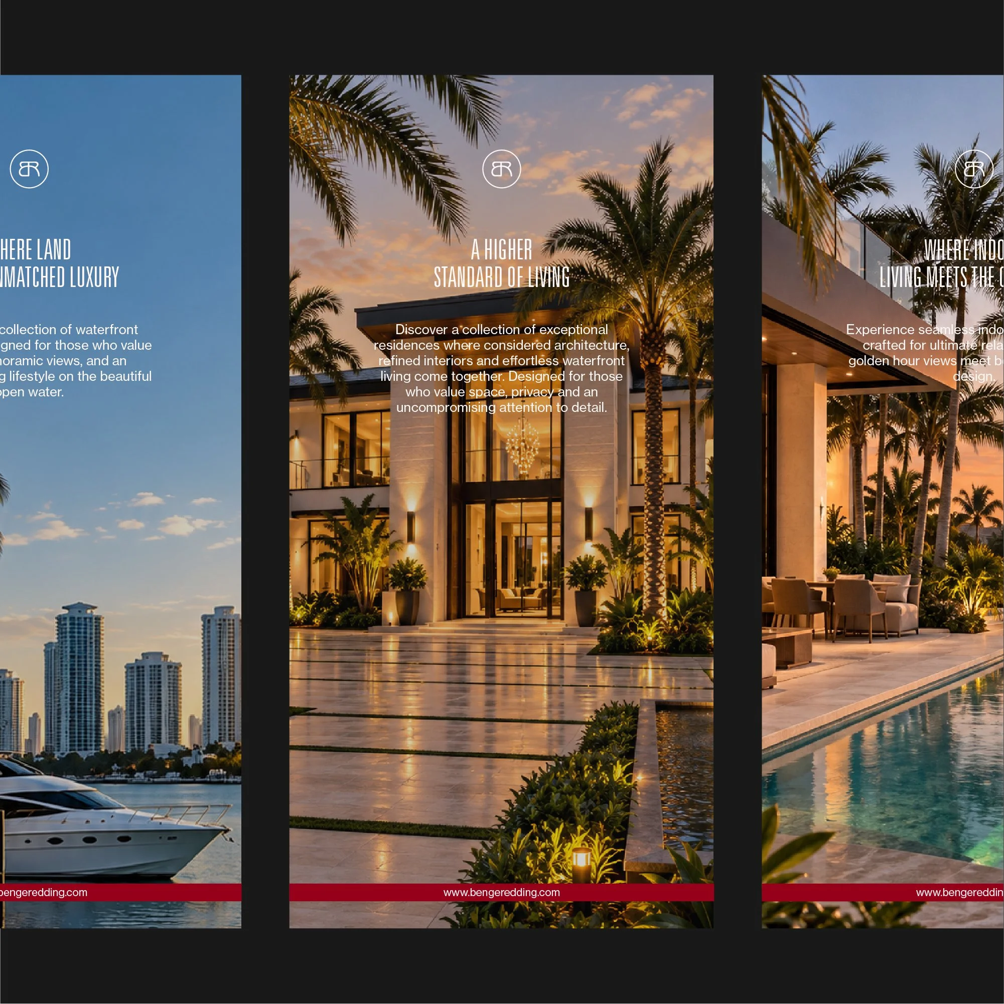 Benge Redding luxury property campaign showing a coordinated series of real estate advertising layouts across multiple properties.