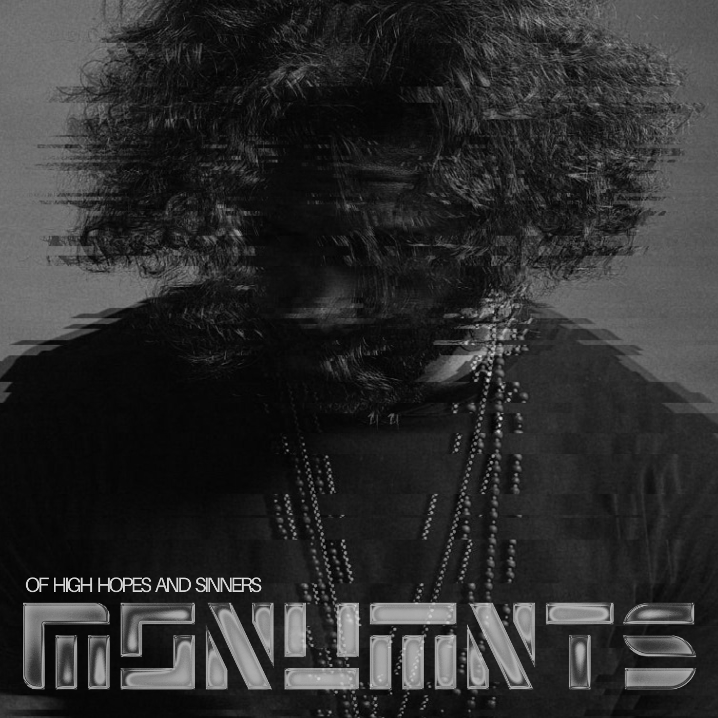 Artwork for MØNUMNTS LP "Of High Hopes & Sinners", depicting a man with chains around his neck and curly hair tilting his head downwards so the face is obscured