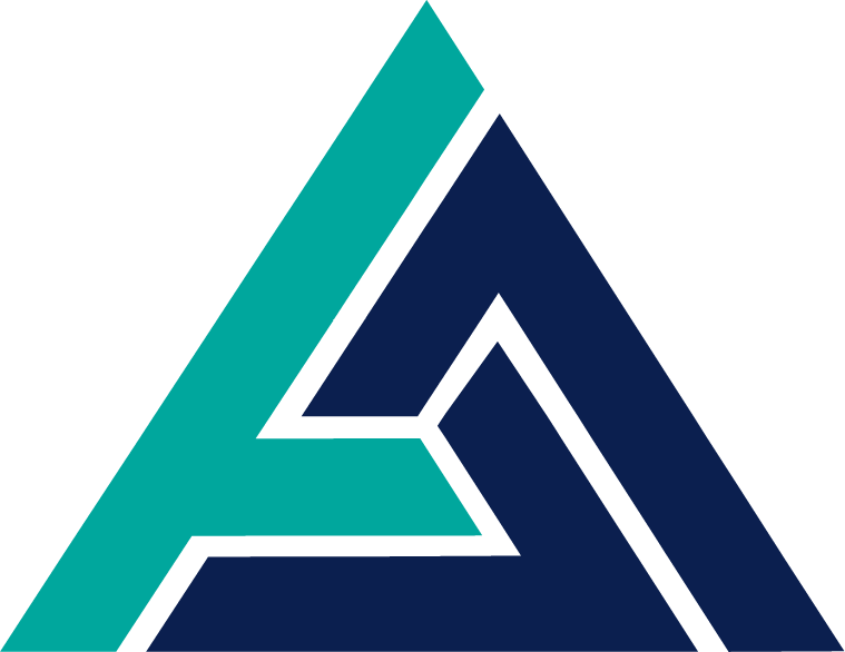 A stylized geometric logo composed of overlapping teal and dark blue triangular shapes forming an abstract triangle design.