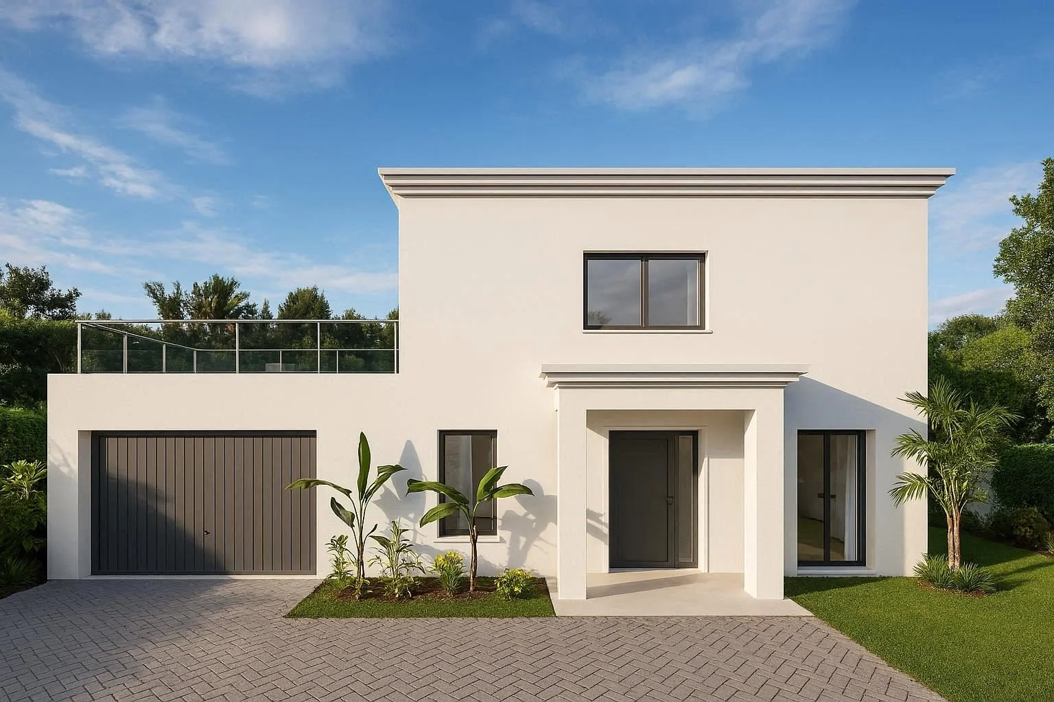 Maison moderne blanche avec garage, porte d'entrée principale, fenêtres en verre, et jardin avec plantes, sous un ciel bleu avec quelques nuages