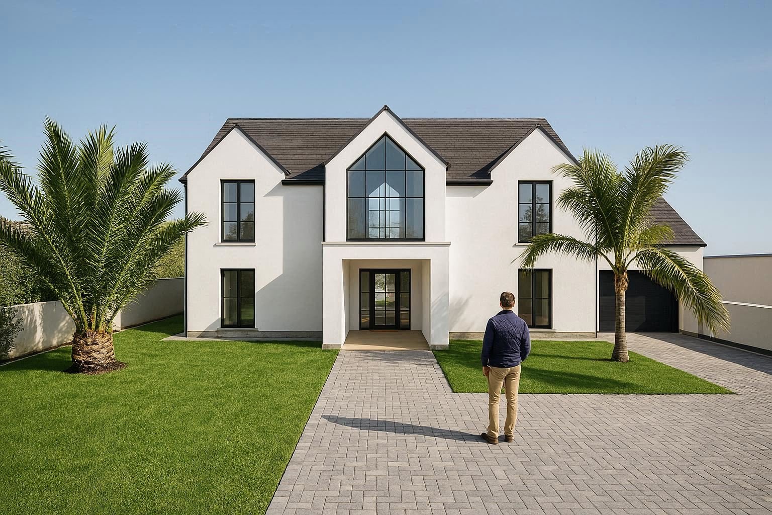 Homme regardant une grande maison moderne blanche avec des fenêtres en verre, entourée de palmiers et d'un jardin vert, sous un ciel bleu.