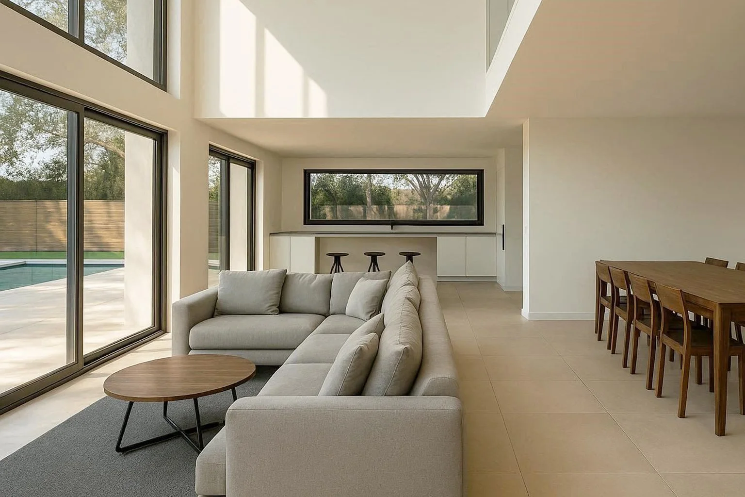 Intérieur d'un salon moderne avec un canapé gris, une table basse ronde en bois, un mur avec des grandes fenêtres, et une table en bois avec des chaises.