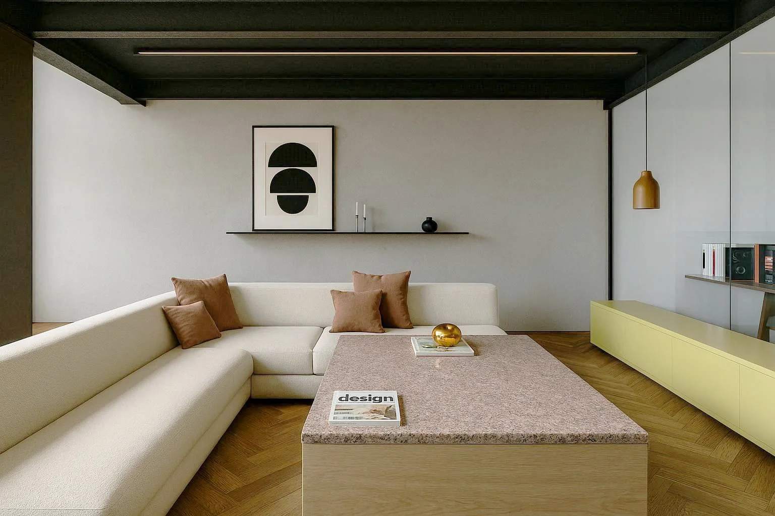 Salon moderne avec canapé blanc, coussins marrons, table basse en pierre, décoration minimaliste, étagère avec livres et objets, mur blanc, éclairage suspendu