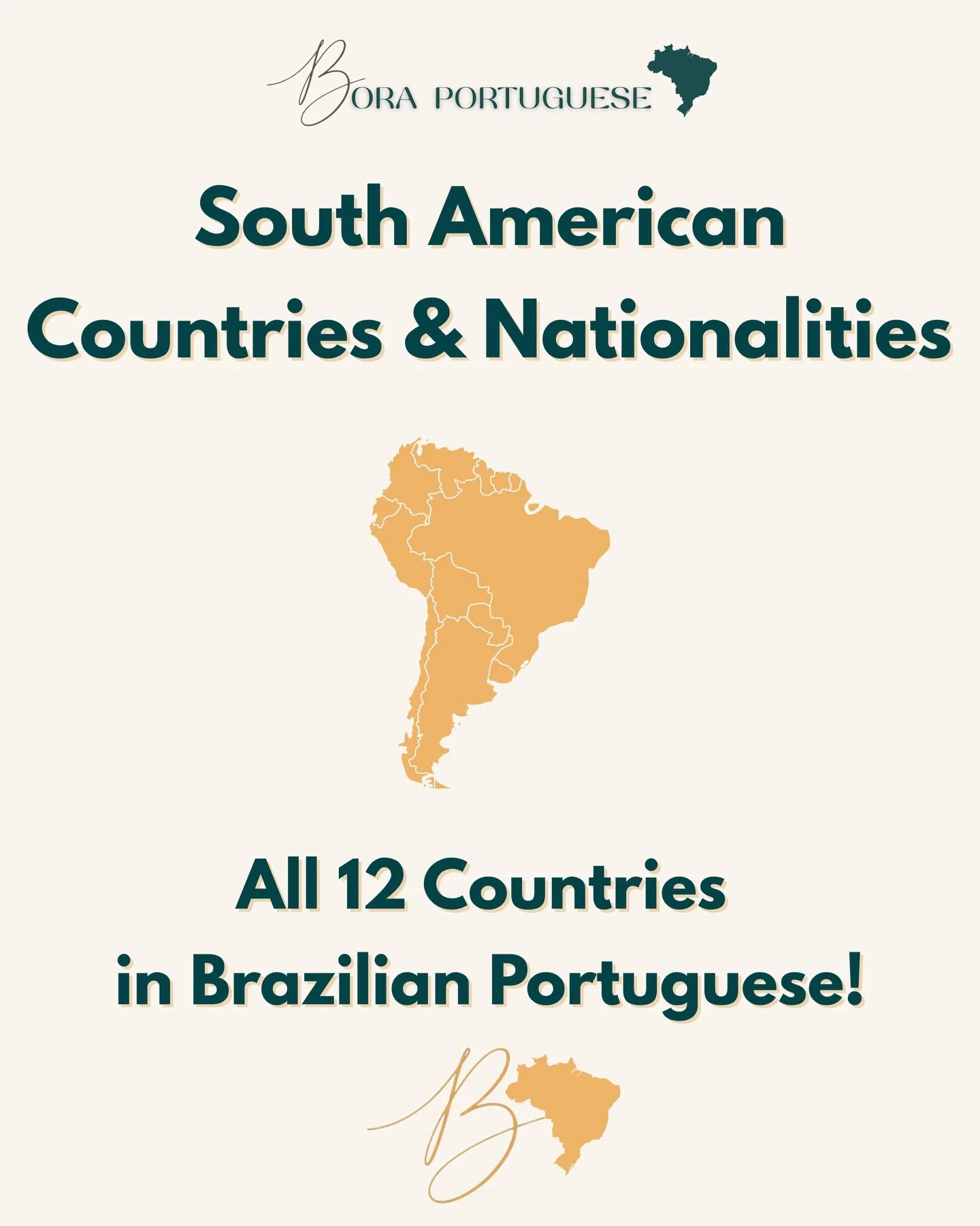 Can you name all 12 South American countries in Portuguese?

Learning a language means knowing the world around it &mdash; and if you&rsquo;re learning Brazilian Portuguese, you NEED to know your neighbors!
In this carousel:

🇧🇷🇦🇷🇨🇱🇨🇴🇵🇪🇻🇪