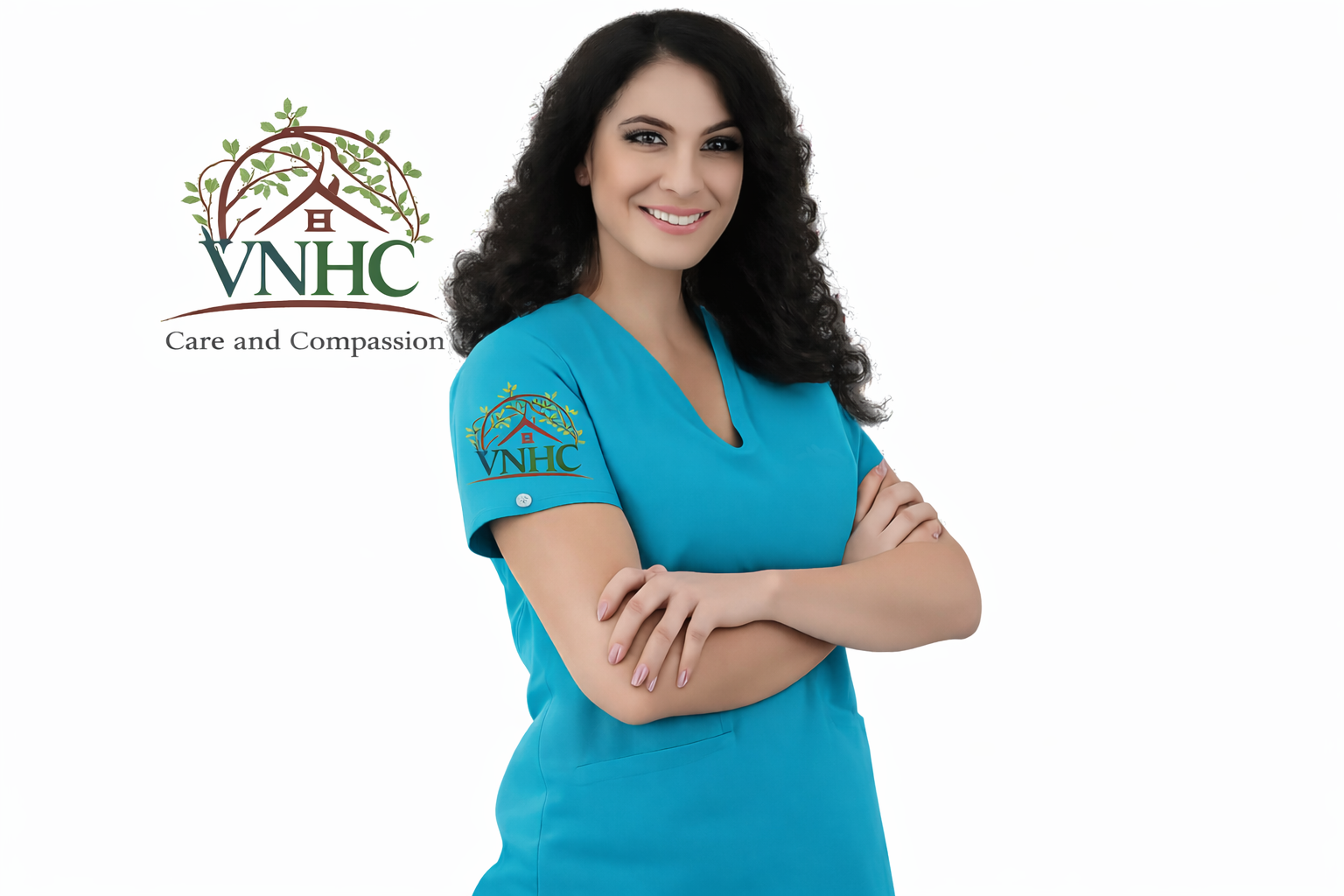 A woman in blue medical scrubs with crossed arms, smiling, standing in front of a white background with the VNH Care and Compassion logo.