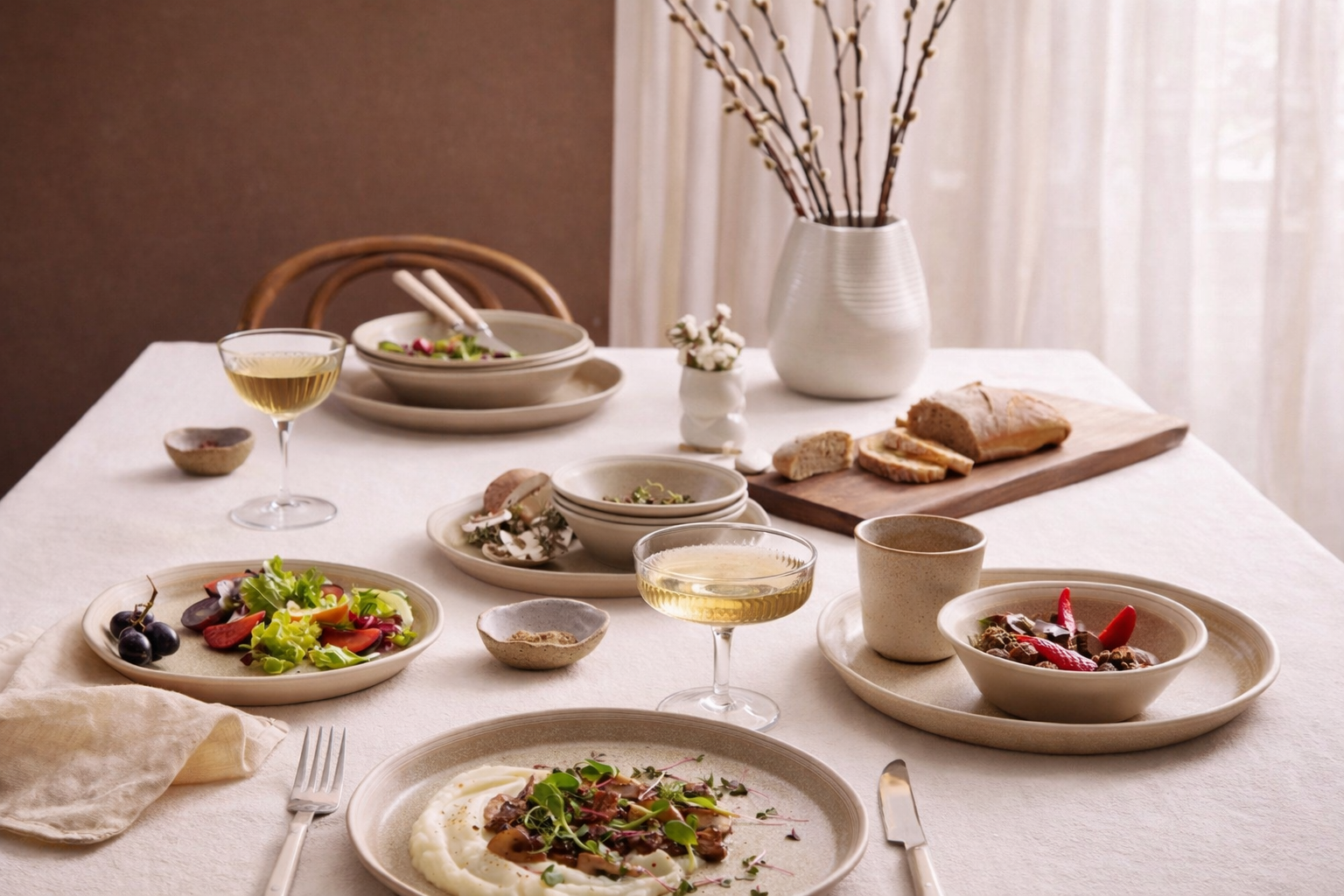 A dinner table set with salad, bread, wine, and various dishes, featuring a large white vase with branches, a smaller vase with flowers, and a cutting board with bread. The background includes a window with sheer curtains.