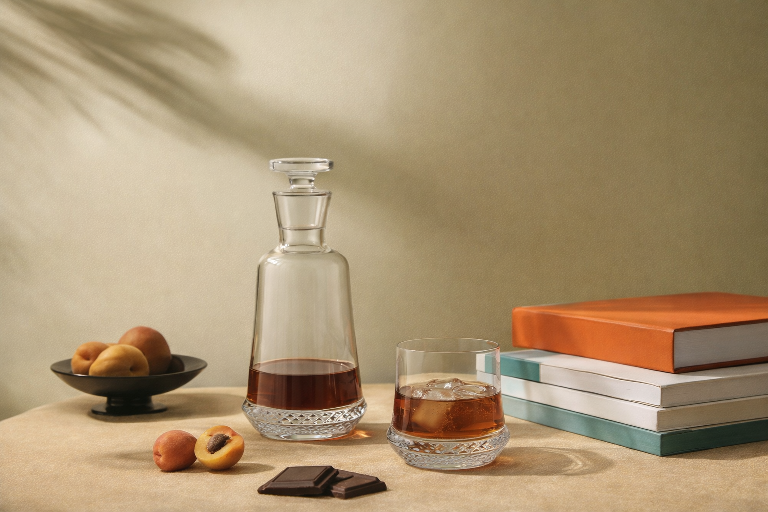 A table with a glass decanter of liquor, a glass filled with ice and liquor, a small plate with fruit, a couple of pieces of chocolate, and a stack of four books, all set against a plain background.