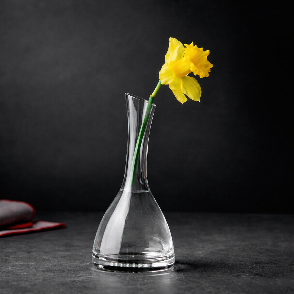 A yellow daffodil flower in a clear glass vase against a dark background.