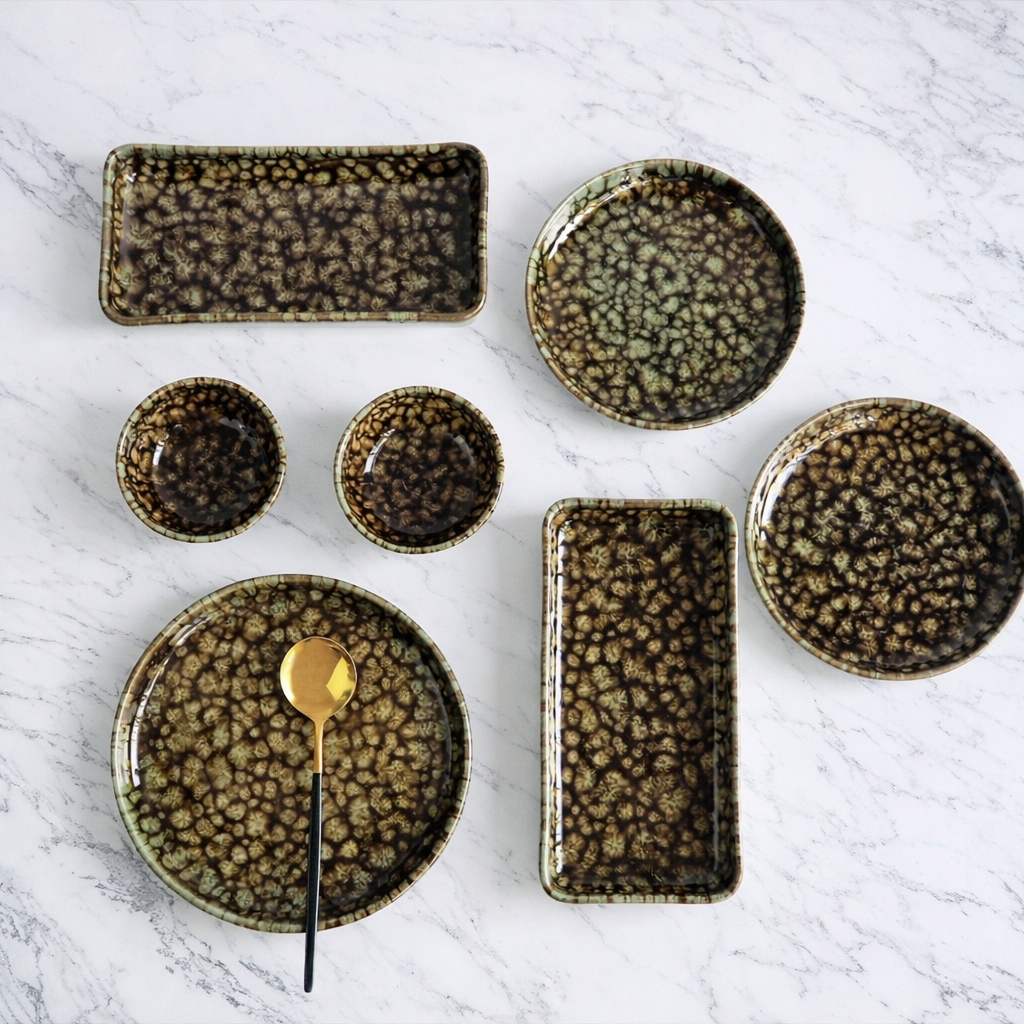Set of ceramic dishes and bowls with a black and green pattern on a white marble surface, including two small bowls, two rectangular dishes, and two round dishes, one with a gold spoon.