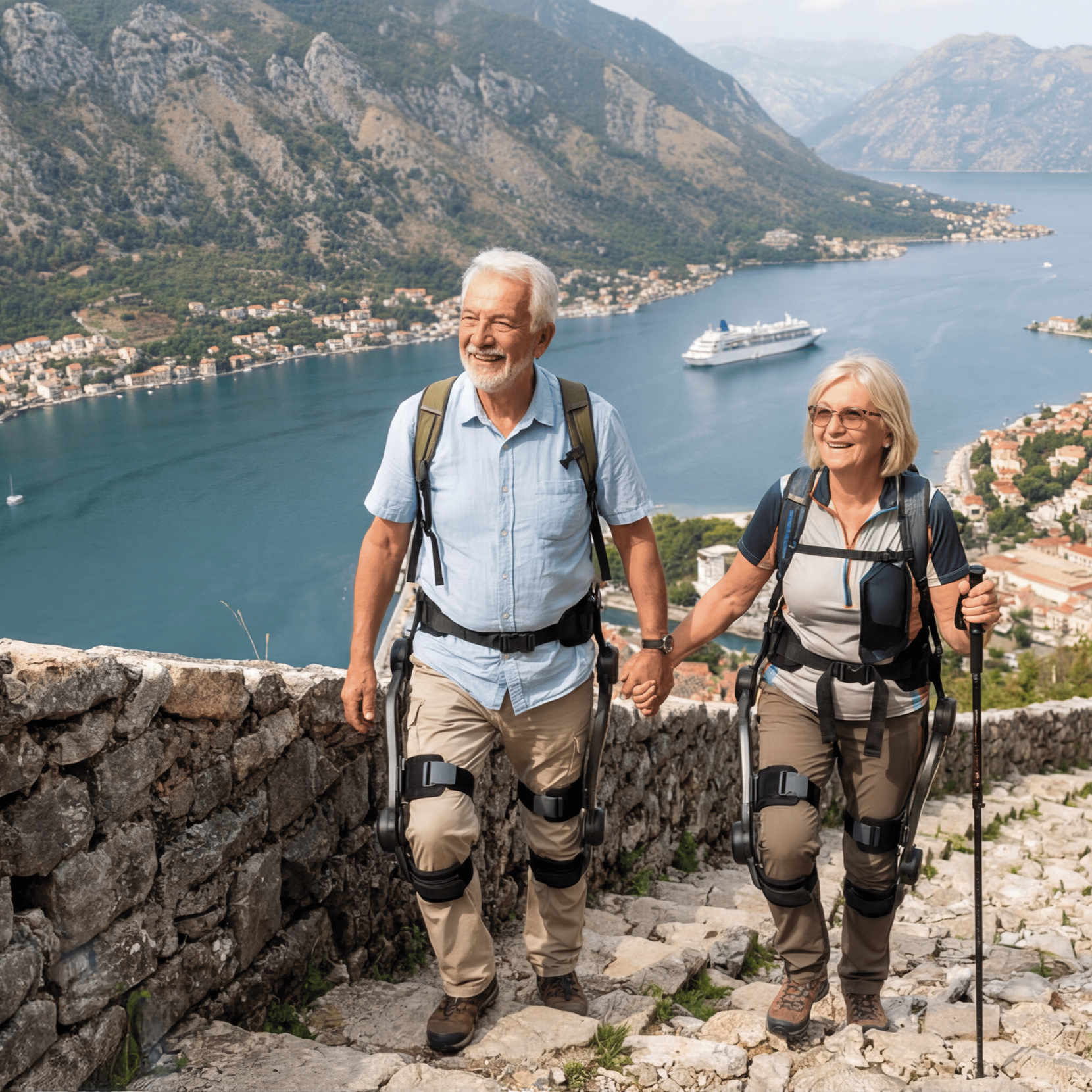 An elderly couple hiking on a stone trail with a scenic view of a lake and mountains in the background, holding hands and smiling.