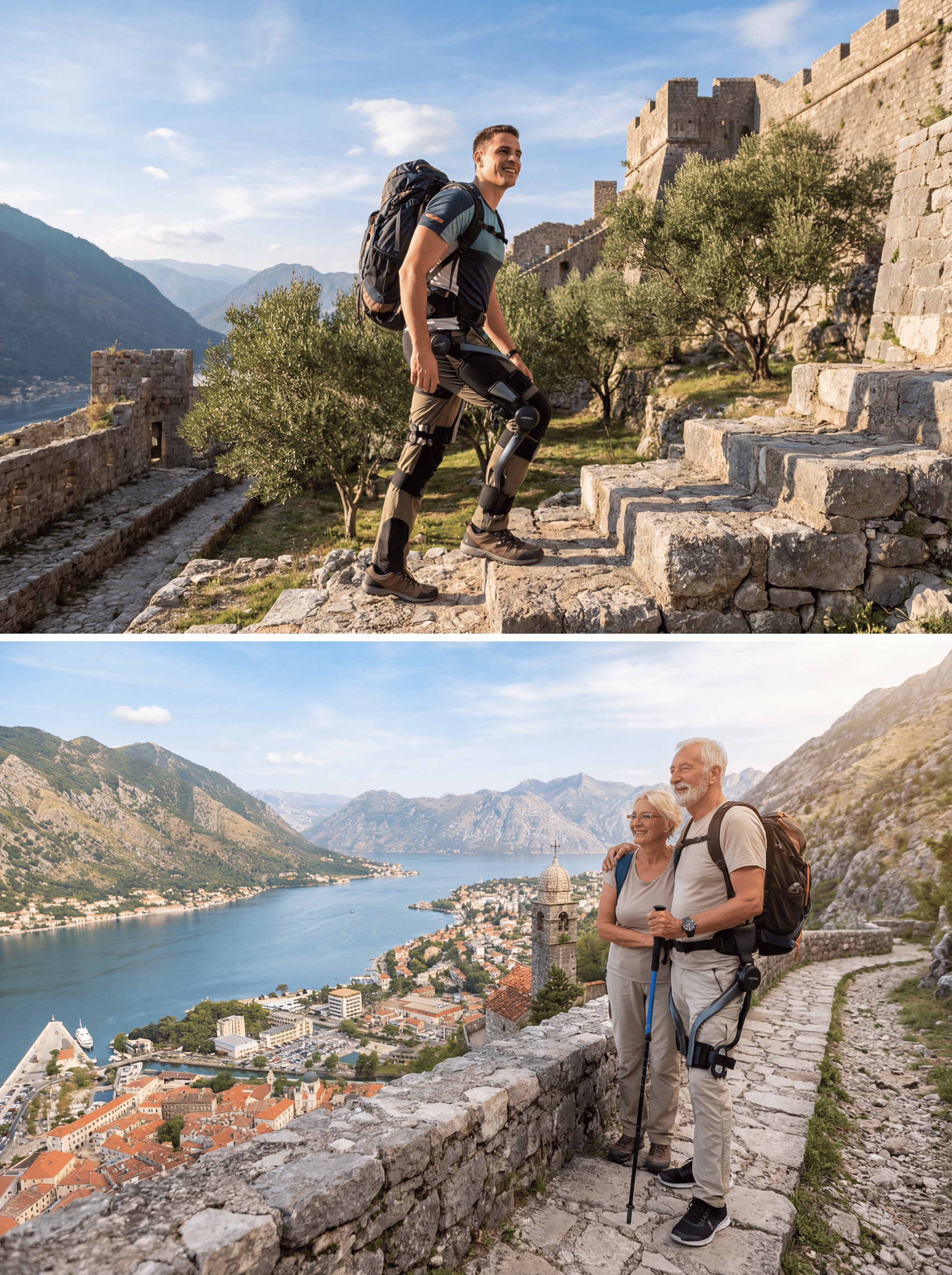Two scenes of hikers on a mountain trail overlooking historical sites and scenic views.