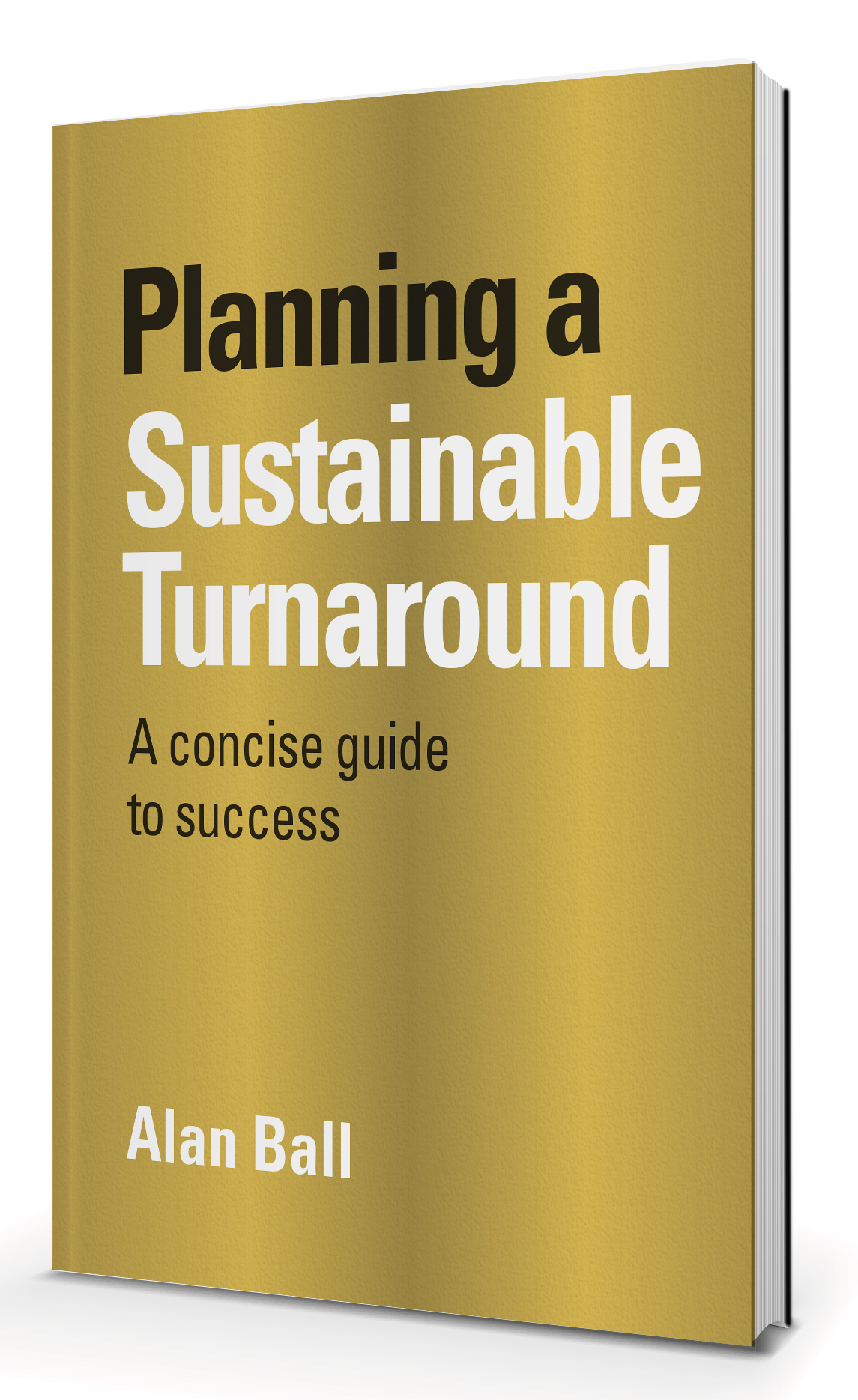 Book cover titled "Planning a Sustainable Turnaround: A concise guide to success" by Alan Ball, with a gold background and black and white text.