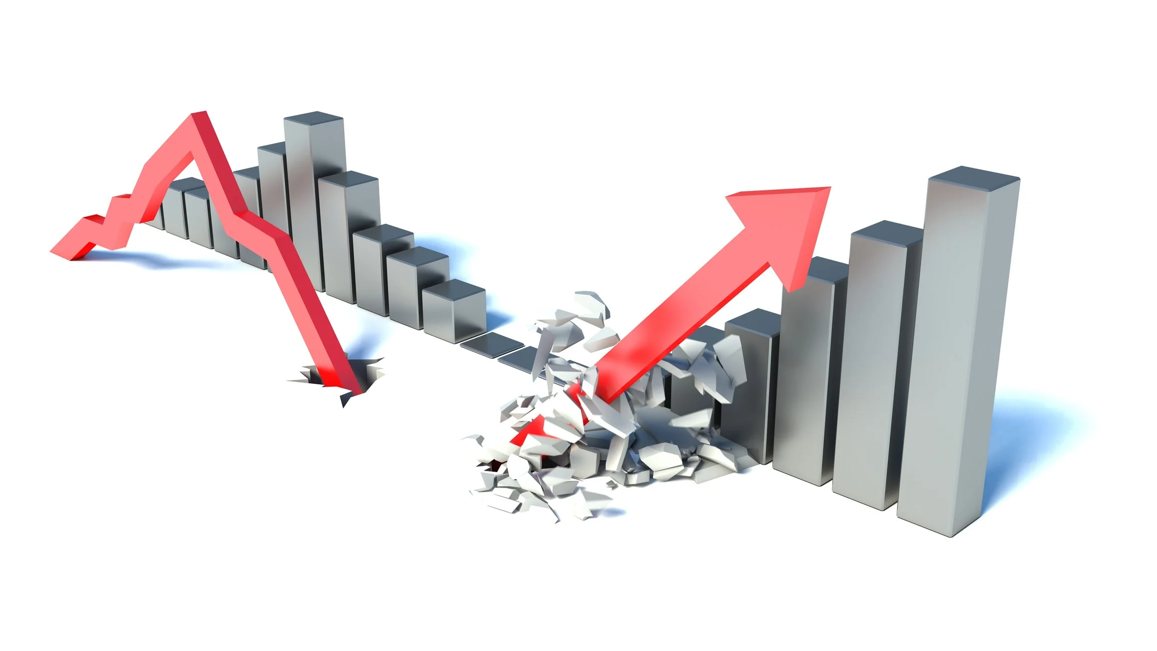 A 3D bar graph shows a dramatic decline with a red arrow pointing downward, hitting the ground and breaking apart, then recovering and rising upward with a red arrow pointing upward.