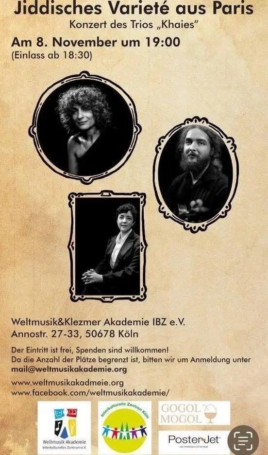 Affiche annonçant un concert de jazz oriental à Paris, le 8 novembre à 19h au centre culturel Weltmusik & Klezmer Akademie, avec trois artistes dont leurs photos en noir et blanc.