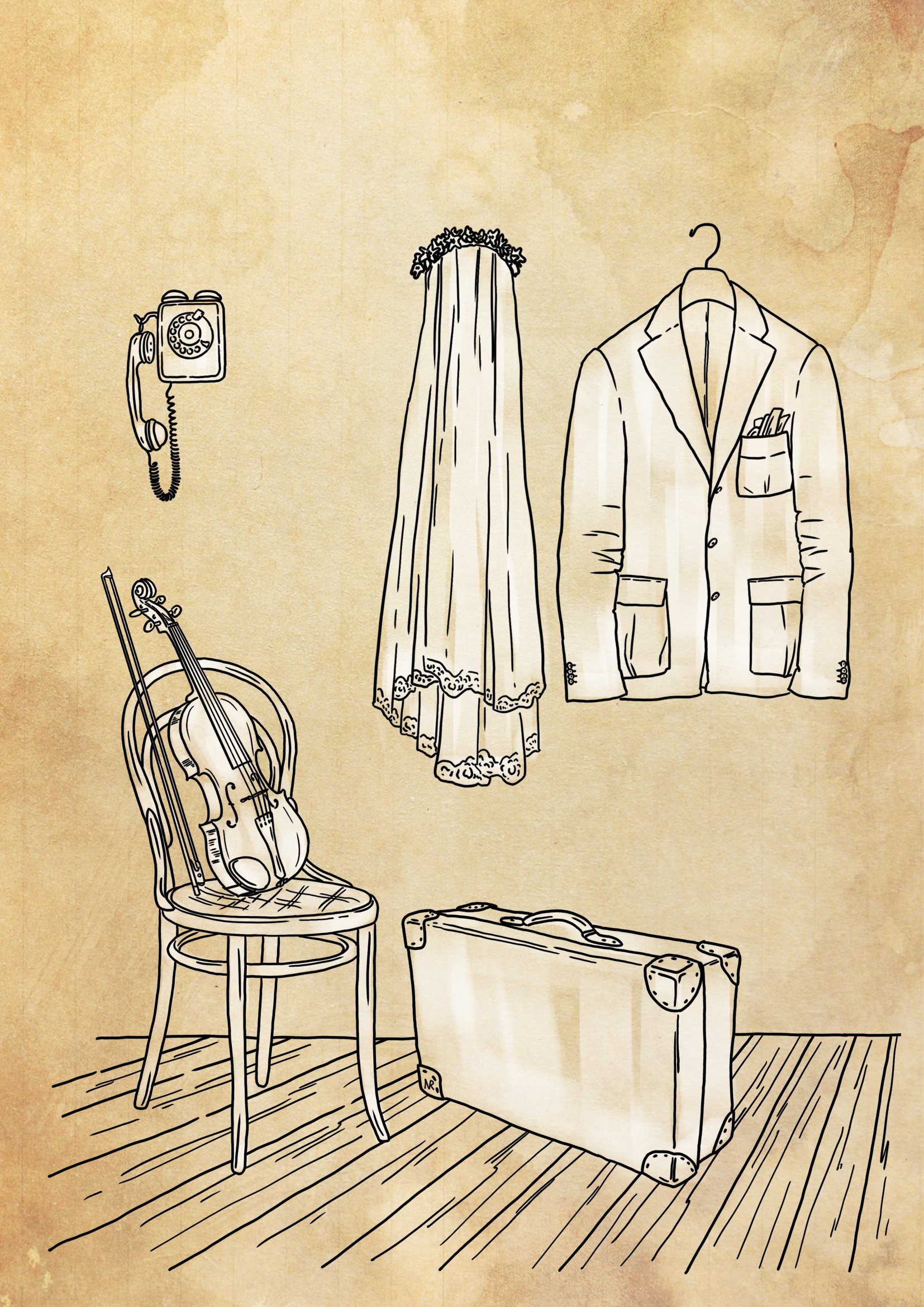 Illustration d'une pièce avec un téléphone vintage fixé au mur, un violon sur une chaise, une valise, une robe de mariée avec voilage, et un costume habillé