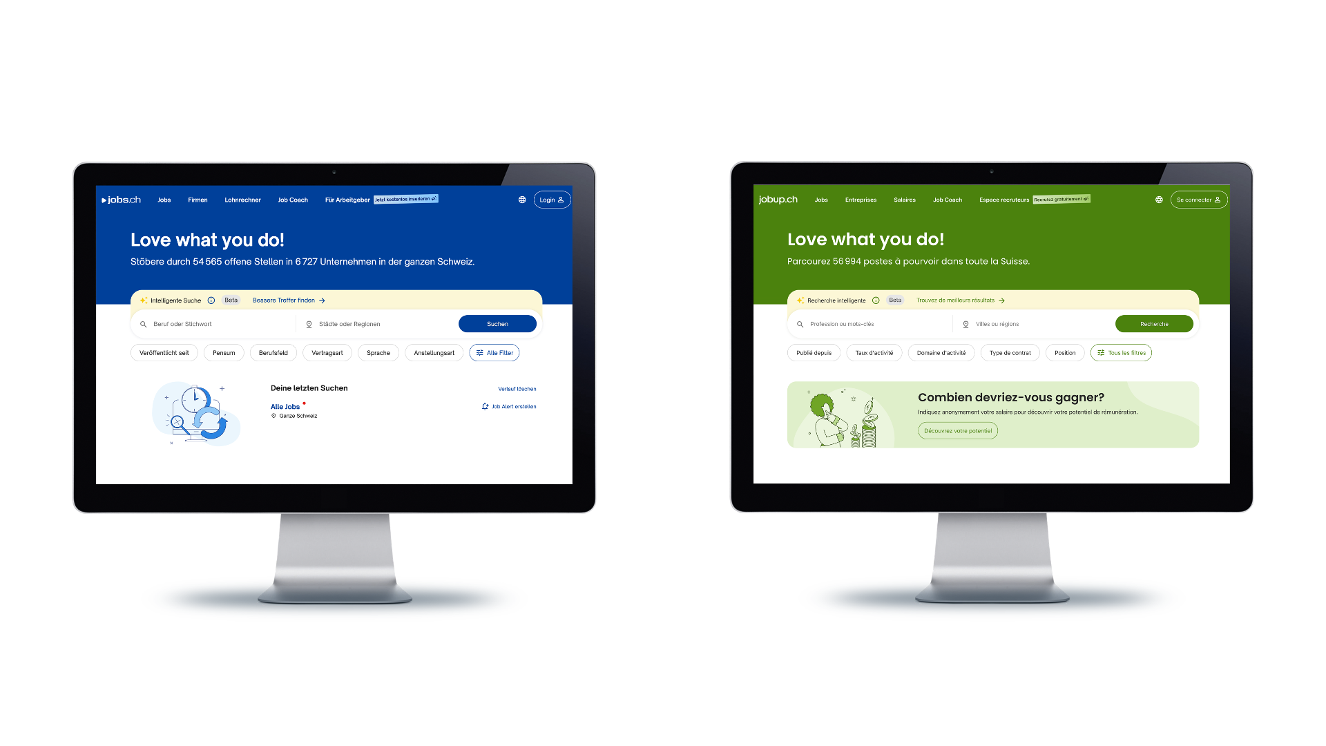 Screenshots of the jobs.ch and jobup.ch website, 2025