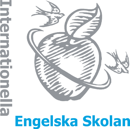 Illustration of a heart with two flying birds and the words 'Intermatioella' on the left and 'Engelska Skolan' at the bottom in blue.