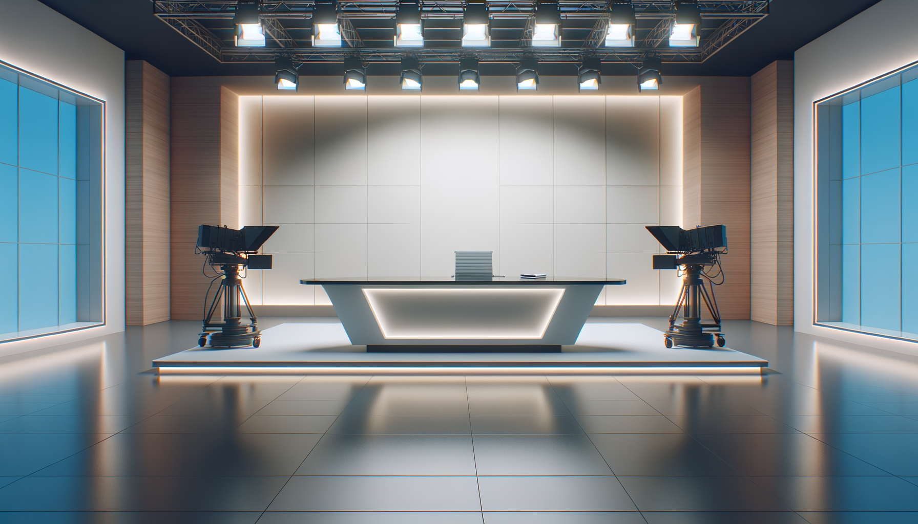 Leeres Fernsehstudio mit moderner weißen Oberfläche, einem Schreibtisch, zwei Kamera-Studios, großen Fenster auf beiden Seiten und professioneller Beleuchtung an der Decke.