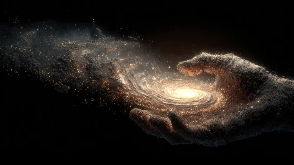 A hand appears to hold or create a spiral galaxy with stars, dust, and cosmic light against a black background.