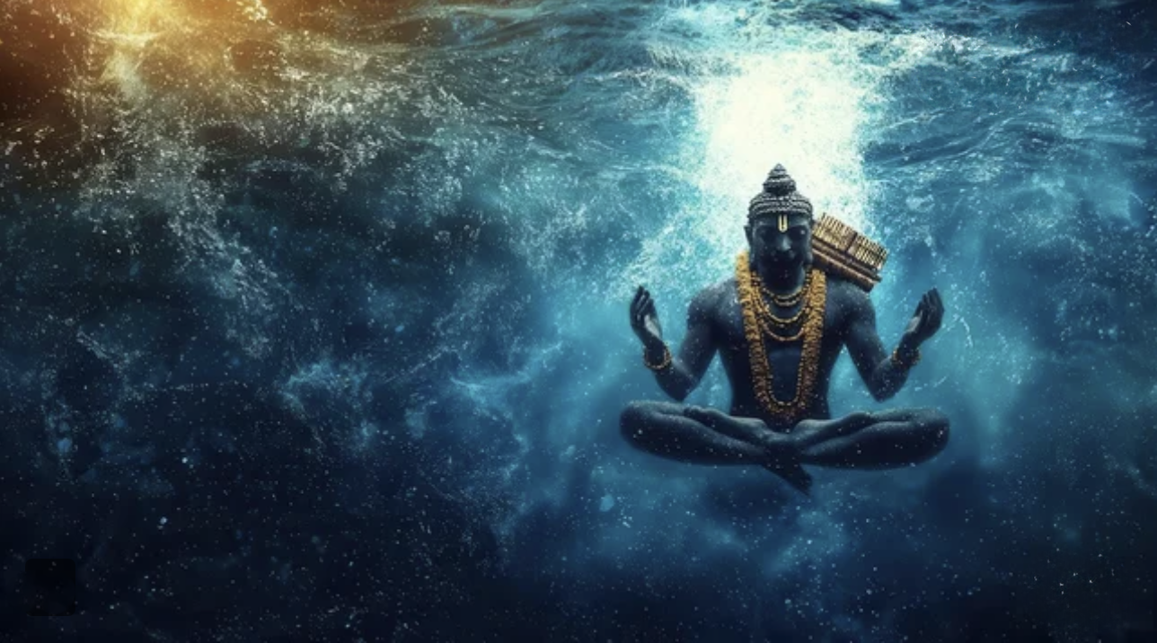 A digital artwork of a meditating statue of a deity, with a dark skin tone, adorned with gold jewelry, floating in a cosmic space with stars and swirling clouds, illuminated by a bright light from above.
