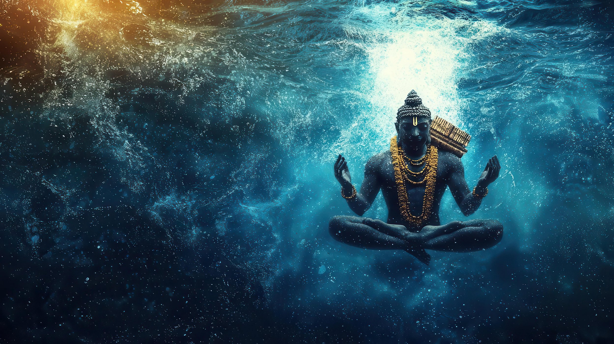A statue of a meditating Hindu deity with black skin, adorned with gold jewelry, sitting cross-legged in water surrounded by bubbles. The background features blue water with sunlight shining from above.