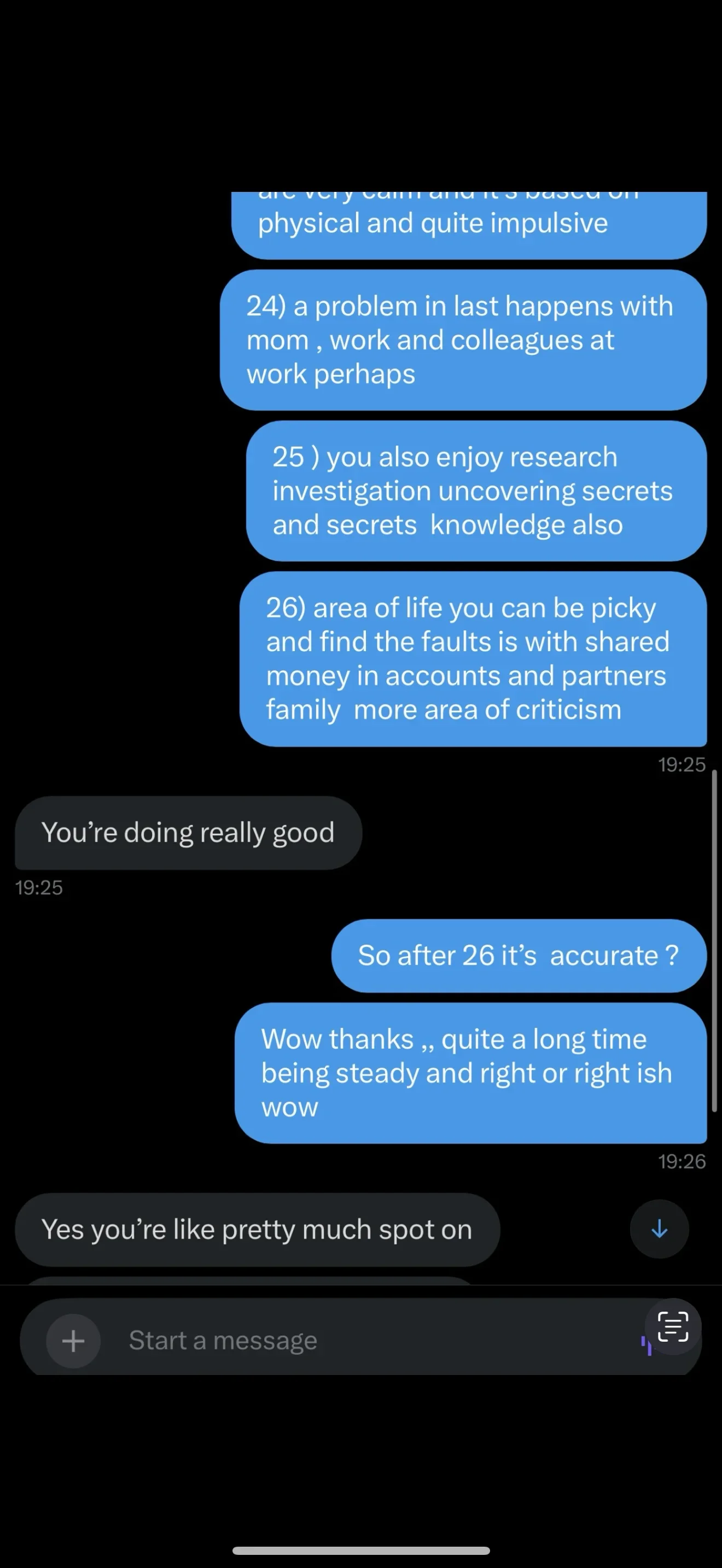 Screenshot of a text conversation discussing personal traits, work, research, and criticism, ending with a compliment.