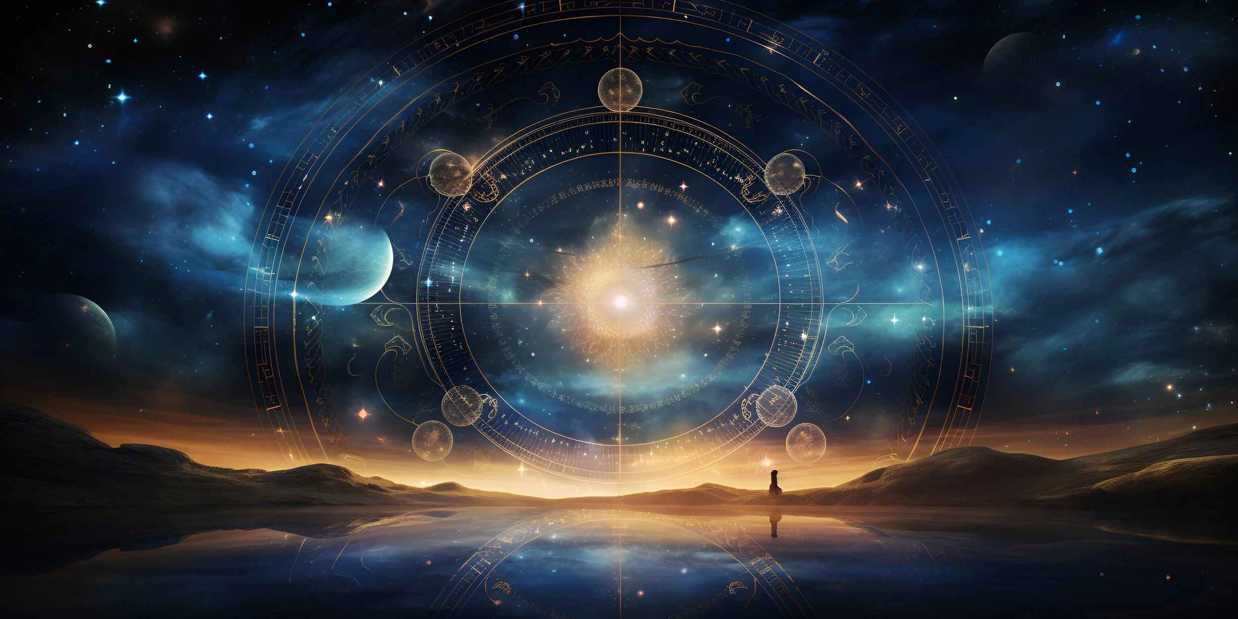 A surreal cosmic landscape with planets, stars, and nebulae, featuring an intricate golden astrological chart overlay, reflected on a calm water surface with a solitary figure in the distance.