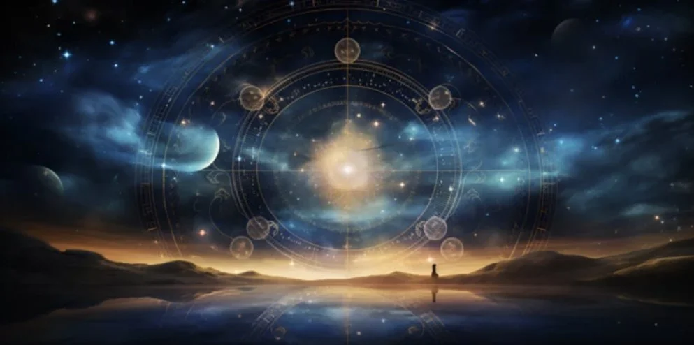 A cosmic landscape with planets, stars, and a bright central light, over a reflective body of water with a small figure standing in the distance.