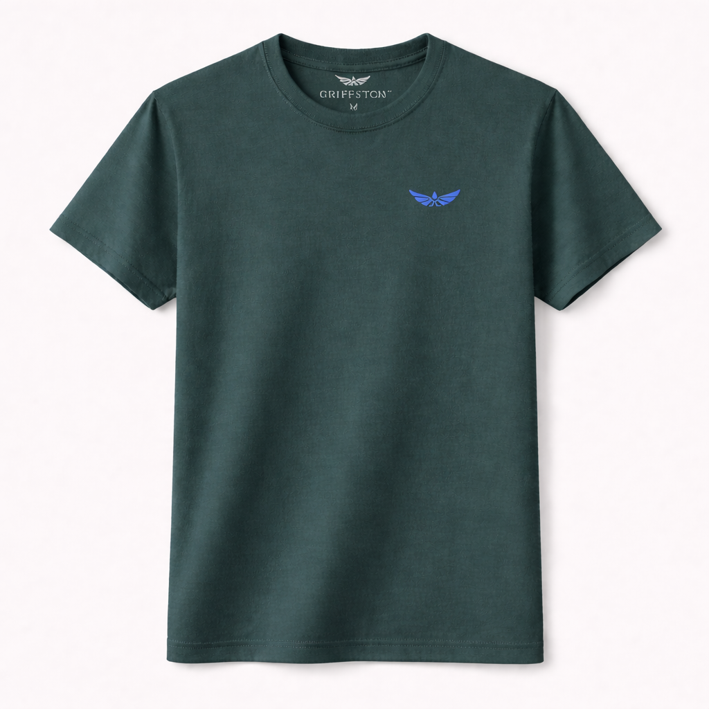 Green T-shirt with a small blue emblem of wings on the left chest area.
