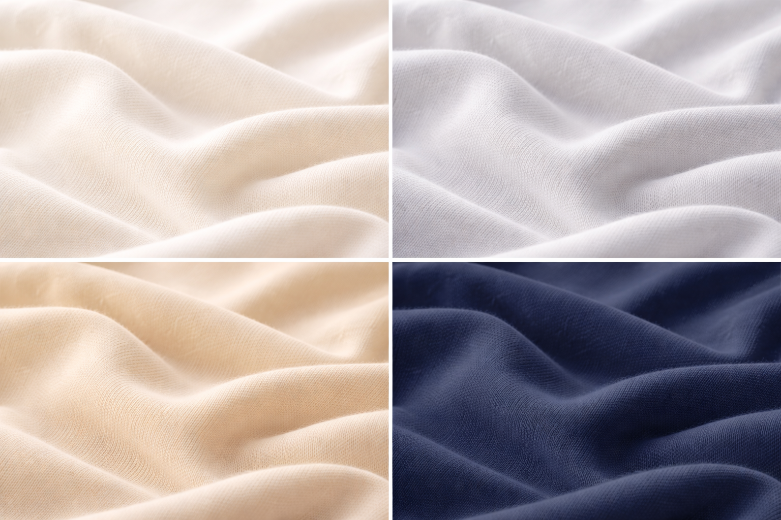 Close-up of fabric in four different colors: beige, white, cream, and navy blue, showing soft, smooth texture with gentle folds.
