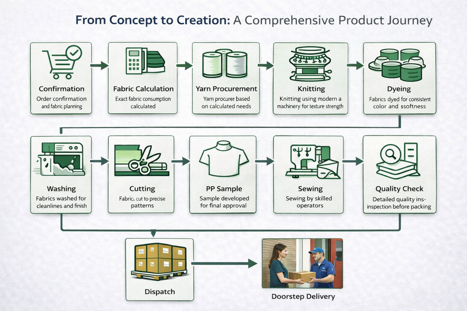 A flowchart illustrating the typical process of creating a product from concept to delivery. It includes steps such as confirmation, fabric calculation, yarn procurement, knitting, dyeing, washing, cutting, sample development, sewing, quality check, dispatch, and finally doorstep delivery.