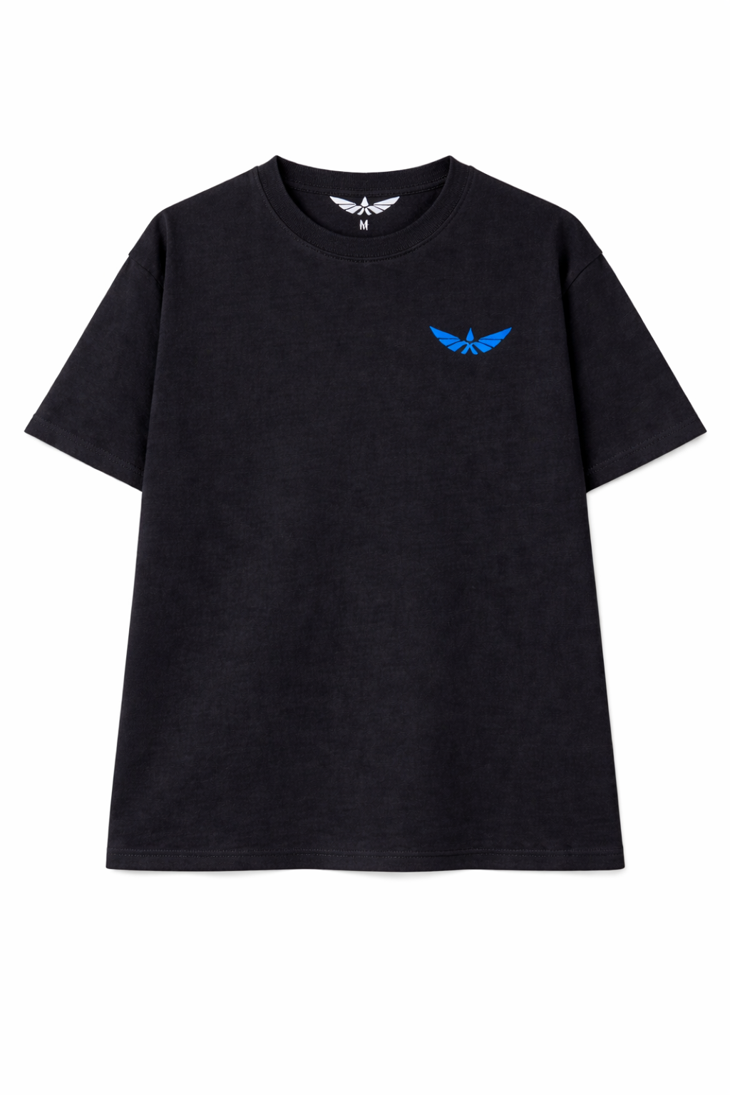 Black t-shirt with a blue and white bird logo on the chest.