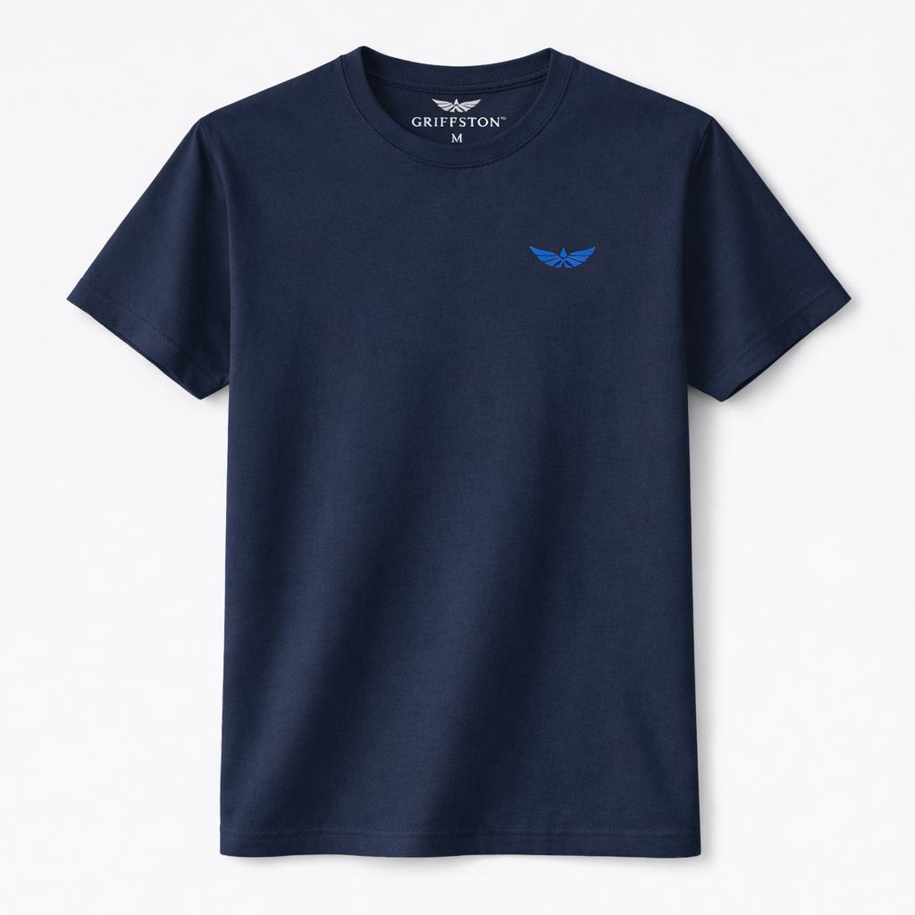 Navy blue T-shirt with a small blue logo on the left chest area, displaying a stylized winged emblem. The shirt is displayed flat against a white background.