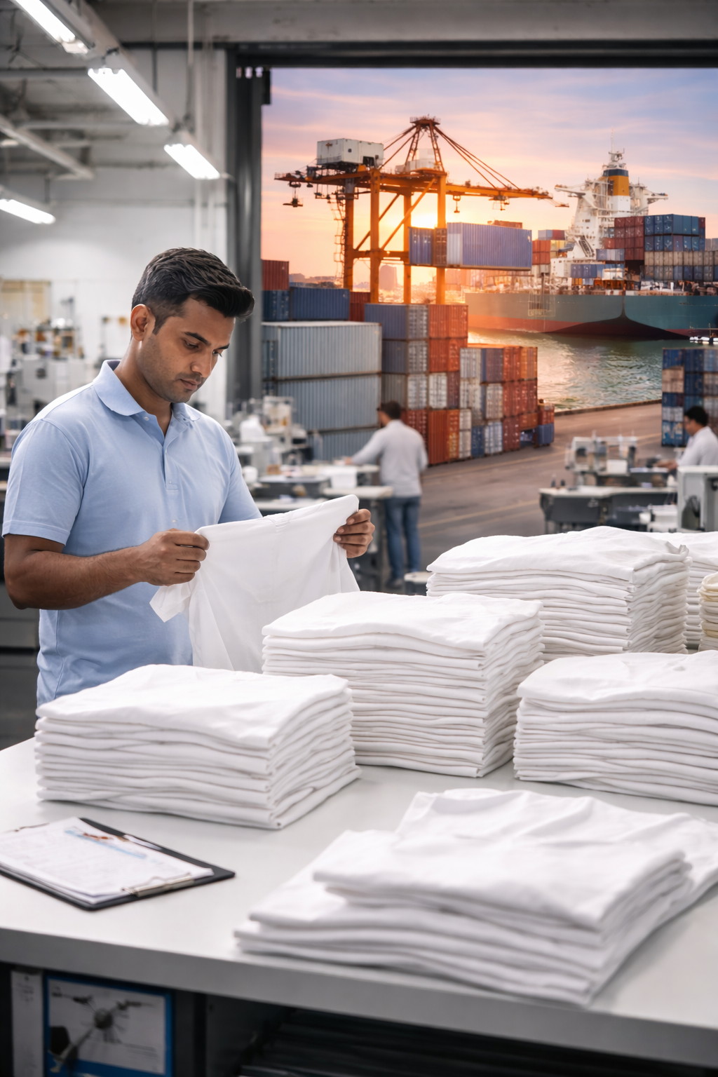 Worker inspecting folded white textiles in a factory with a shipping port and cargo ship outside at sunset in the background.