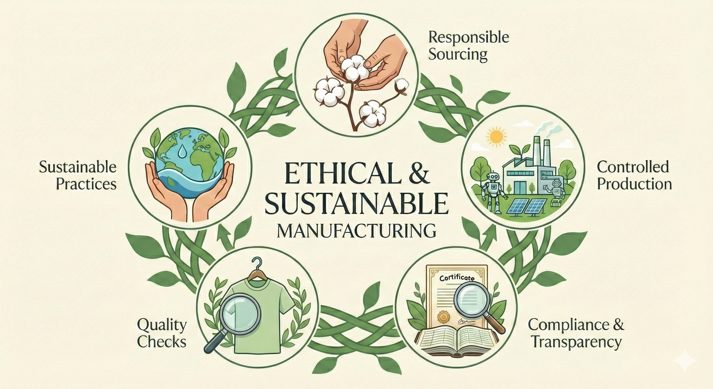 Diagram illustrating principles of ethical and sustainable manufacturing, including responsible sourcing, controlled production, compliance and transparency, quality checks, and sustainable practices, depicted with related icons and imagery.
