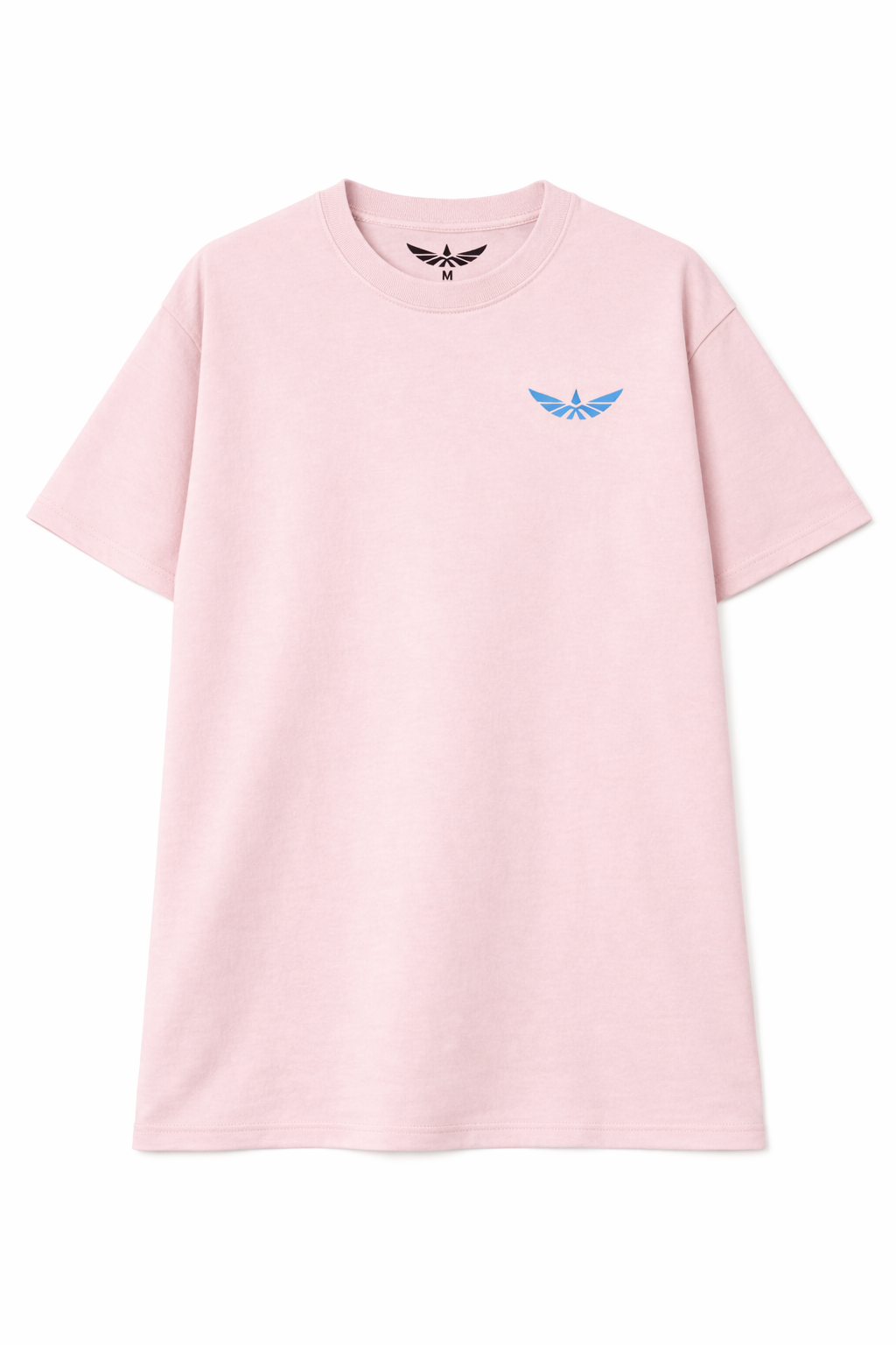 Light pink T-shirt with a blue logo on the left chest.