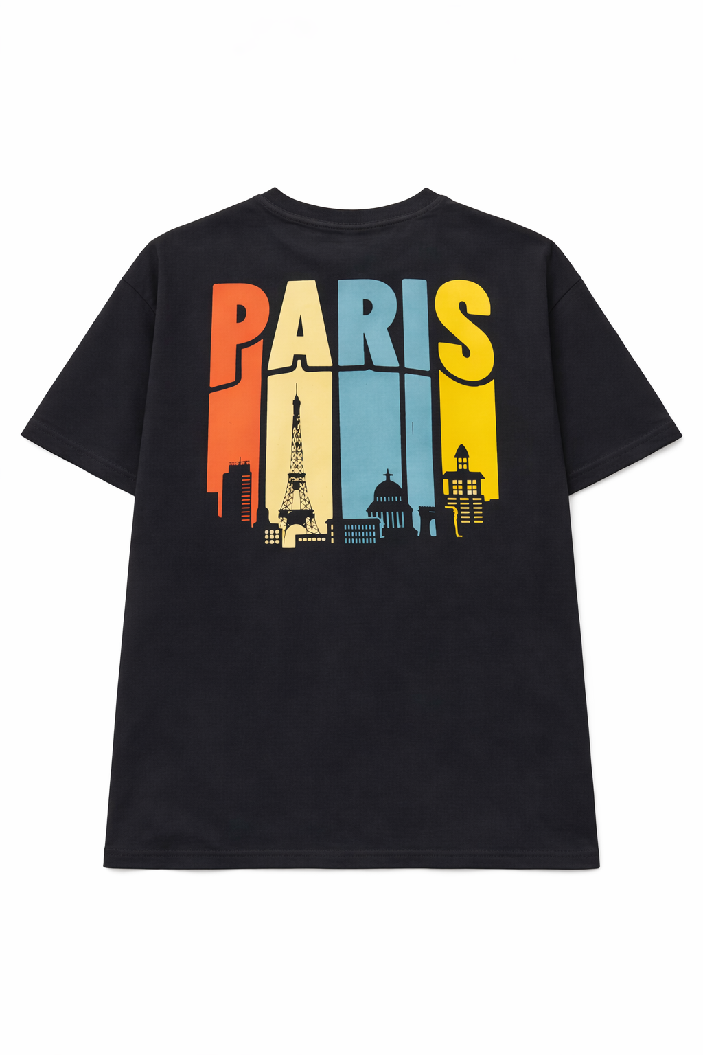 Black T-shirt with a colorful graphic of Paris landmarks and the word 'PARIS' in large letters.