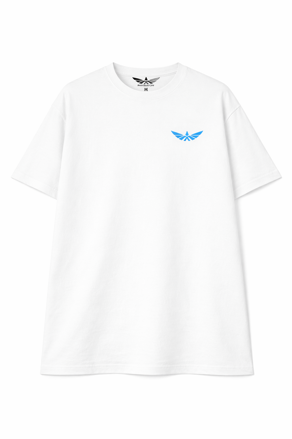 White T-shirt with a blue pilot wings logo on the left chest.