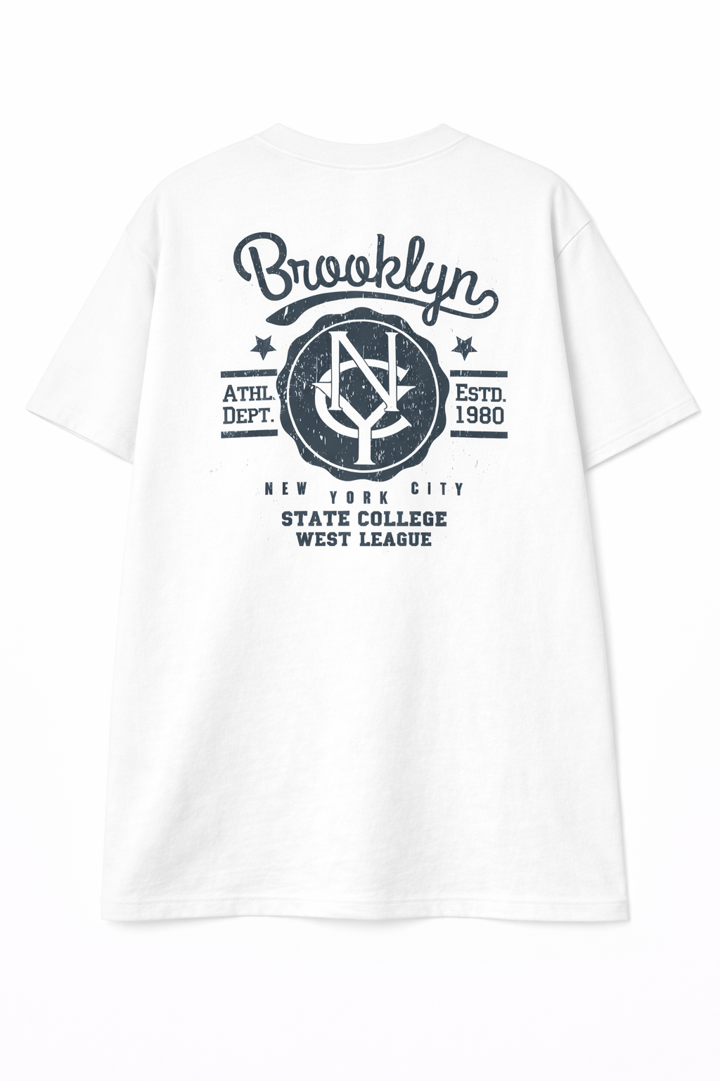 White T-shirt with Brooklyn sports team logo and text including 'Brooklyn', 'ATHL DEPT', 'ESTD. 1980', and other sports-related words.