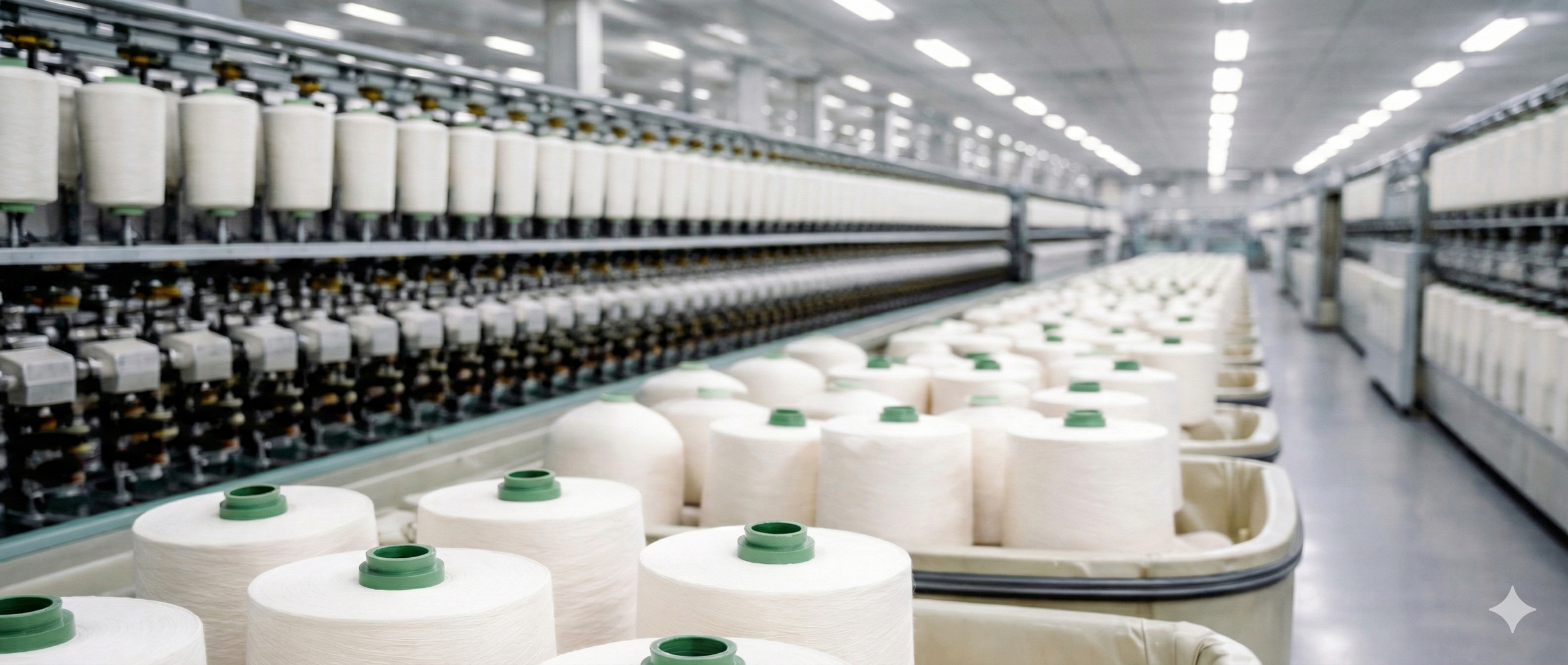 Spools of white thread on an industrial weaving or textile production machine in a factory.